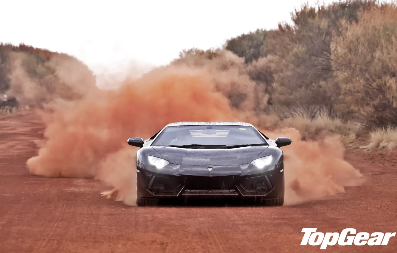 Photo wallpaper road, trees, black, dust, Lamborghini, supercar, top gear, the front