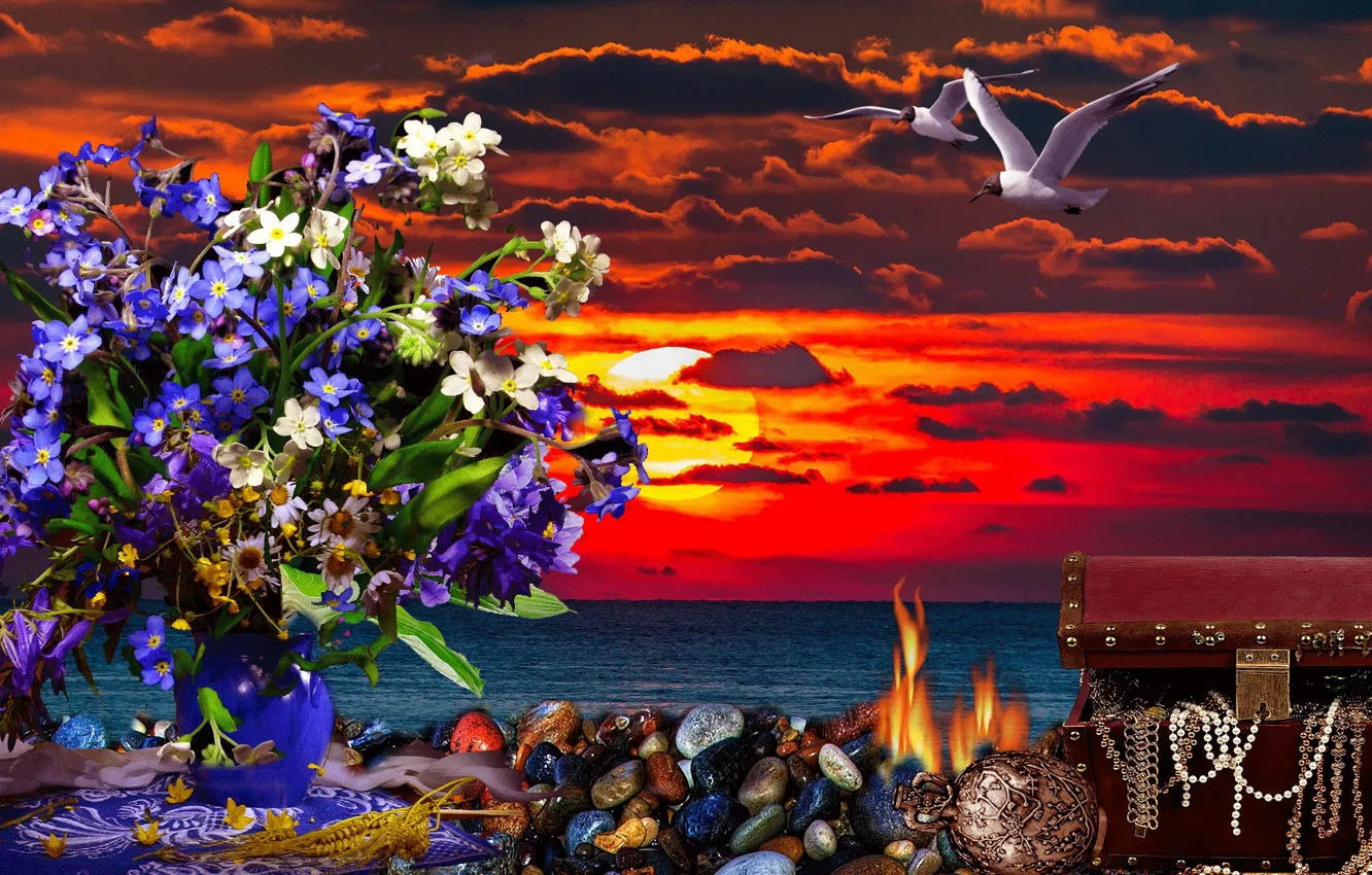 Photo wallpaper flowers, Sea, the evening, dawn