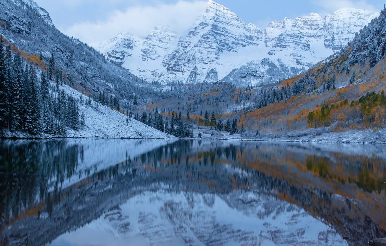 Photo wallpaper frost, autumn, the sky, clouds, snow, trees, mountains, lake