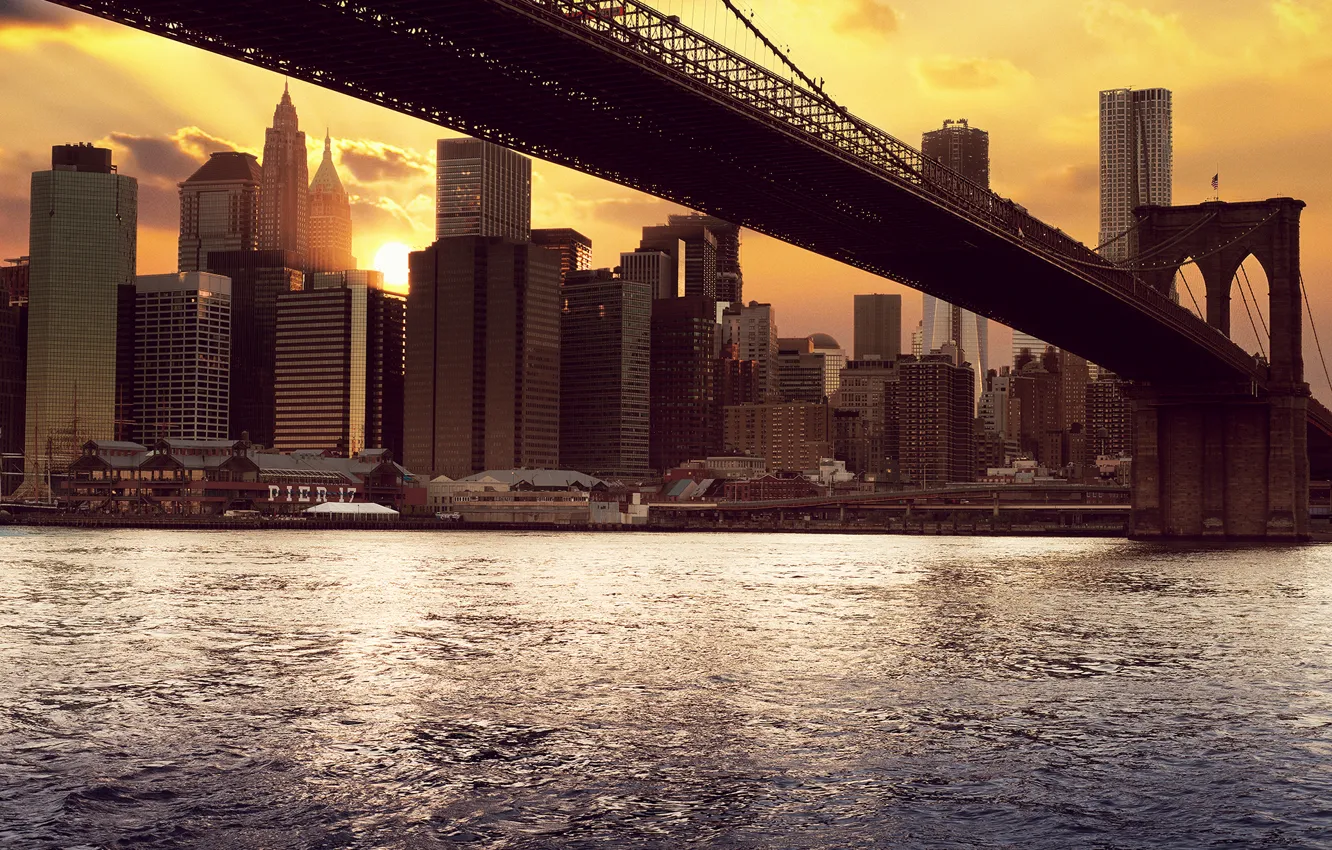 Photo wallpaper sea, water, the sun, clouds, sunset, bridge, the city, river