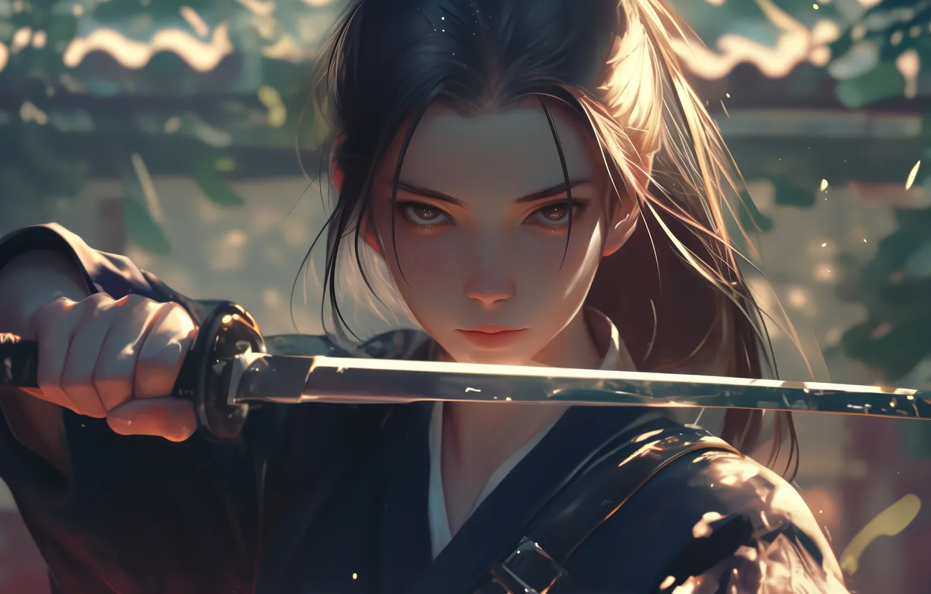Photo wallpaper girl, sword, fantasy, katana, face, brunette, digital art, artwork