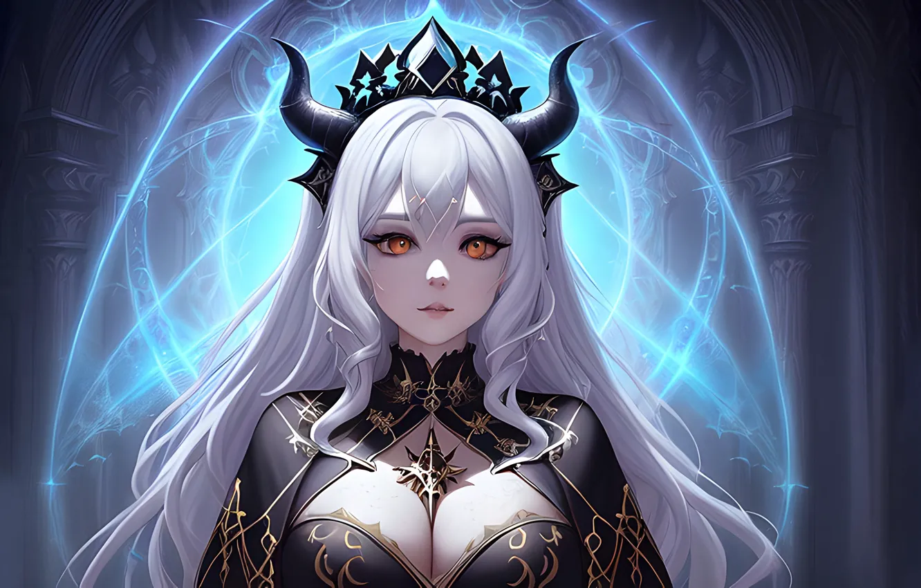 Photo wallpaper glow, outfit, columns, horn, demoness, big Breasts, blonde hair, succubus