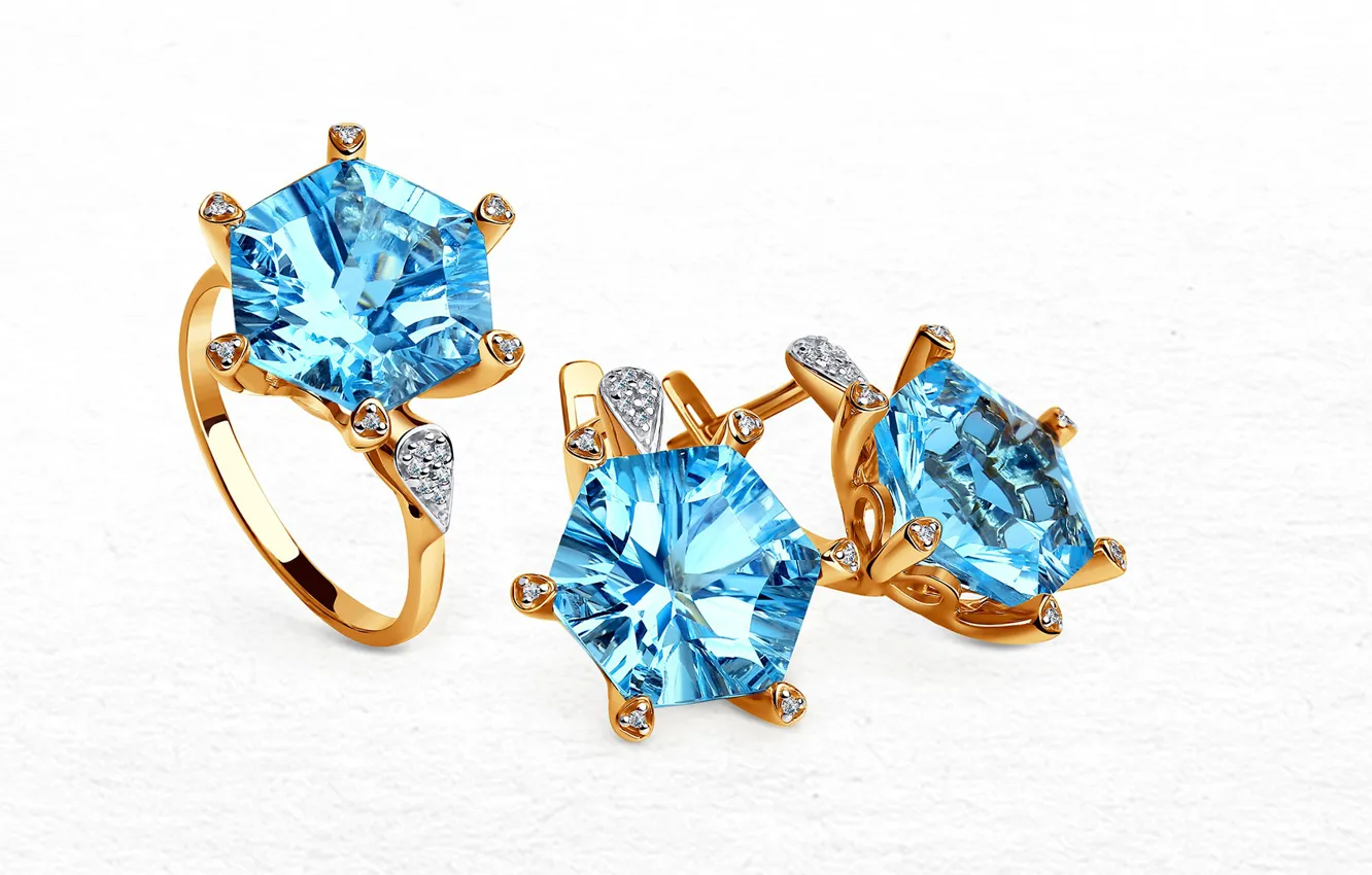 Photo wallpaper decoration, gold, ring, earrings, diamond, set, Topaz