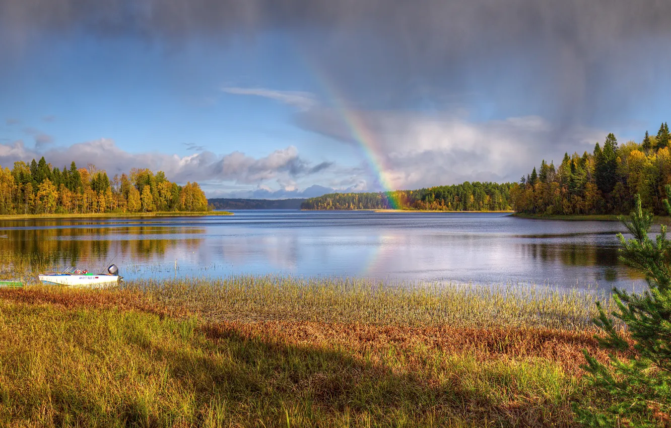 Photo wallpaper autumn, the sky, shore, rainbow, pond