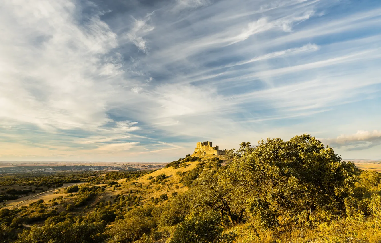 Photo wallpaper the sky, clouds, trees, castle, hills, slope, ruins, hill