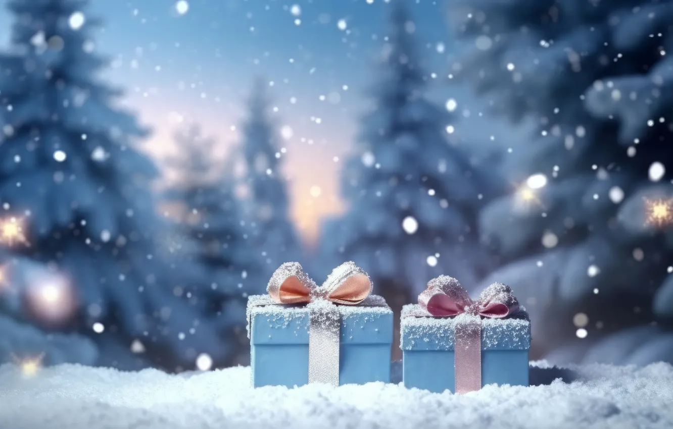 Photo wallpaper winter, forest, snow, gift, tree, new year, ate, Christmas