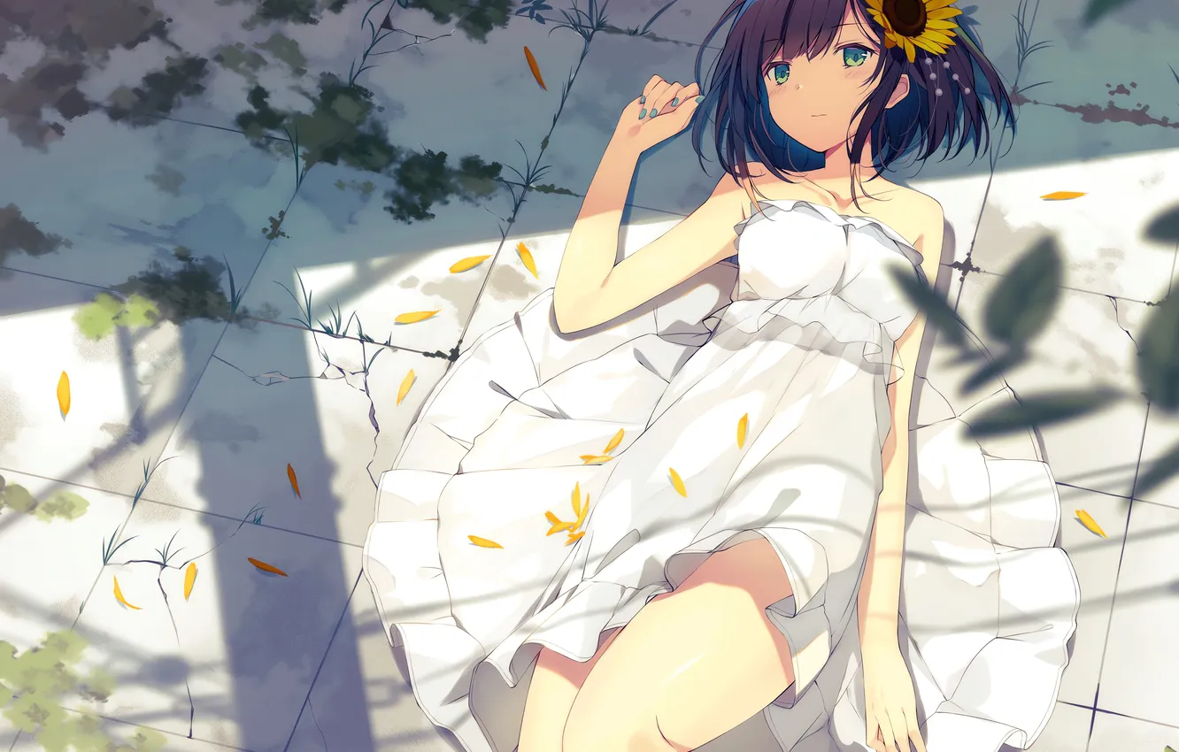 Photo wallpaper girl, flower, green eyes, dress, anime, beautiful, short hair, pretty