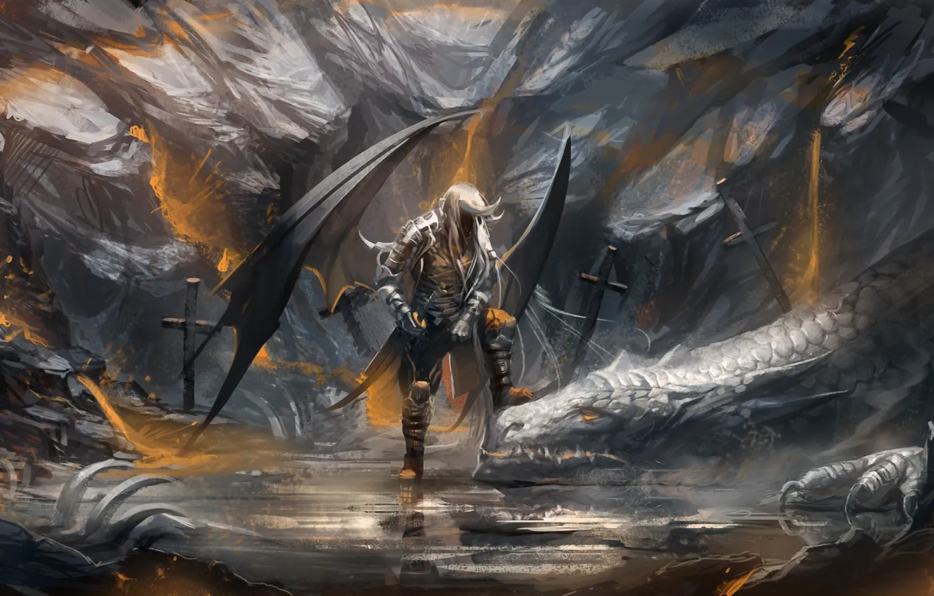 Photo wallpaper dragon, cross, sword, warrior, art, bones, sakimichan