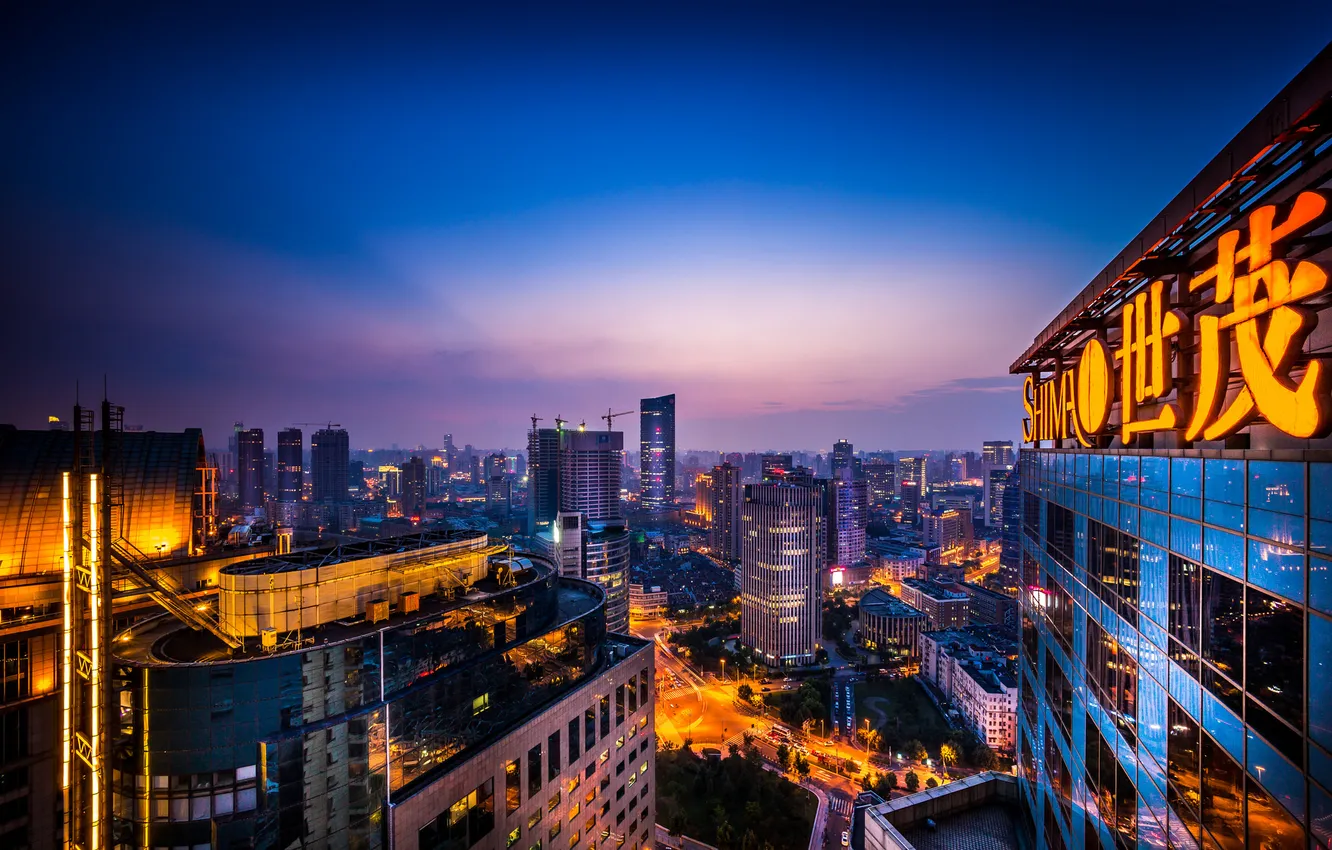Photo wallpaper the sky, building, China, Shanghai, twilight, Street lights