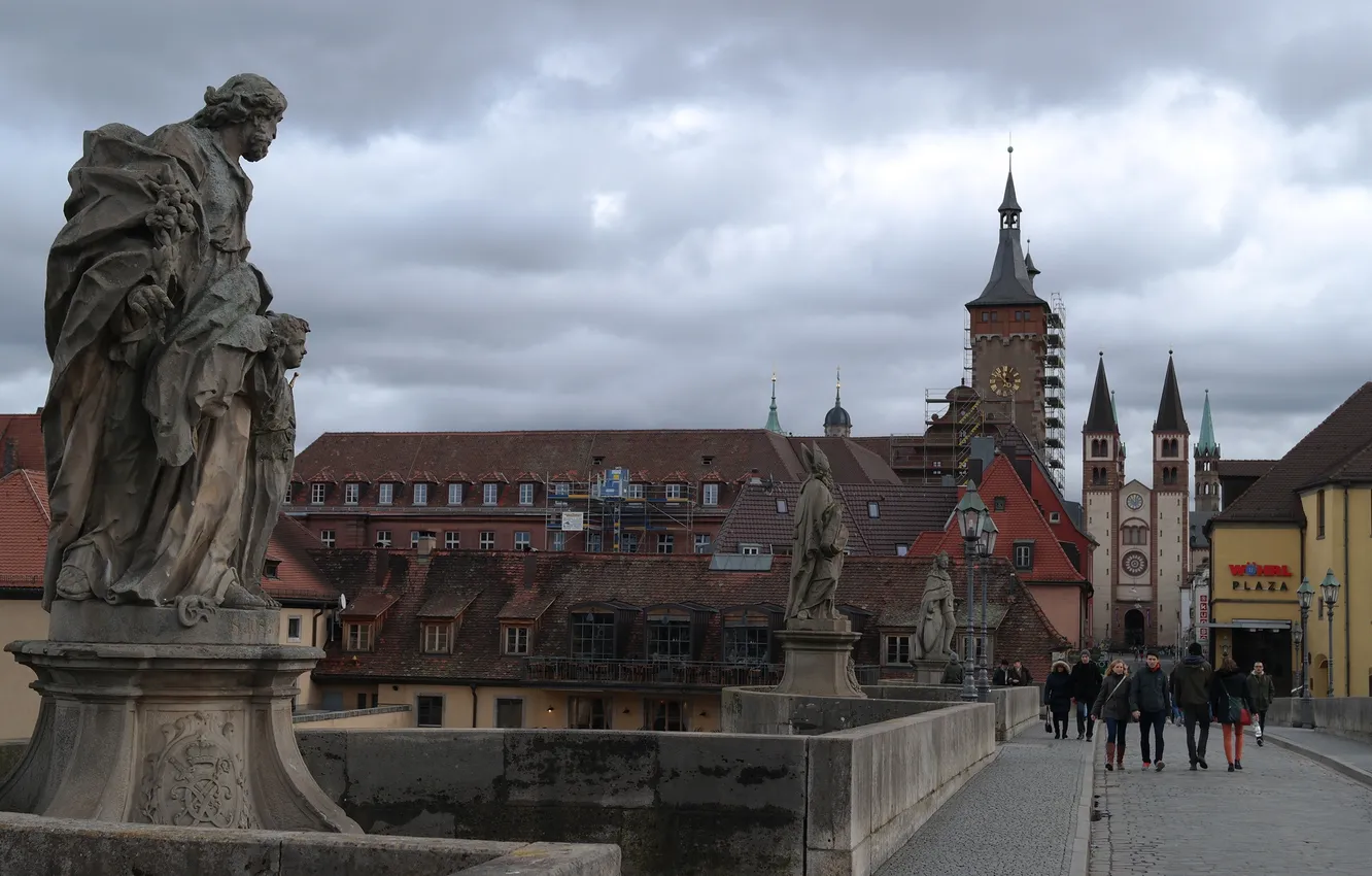 Photo wallpaper bridge, people, tower, home, Germany, Bayern, Cathedral, Würzburg