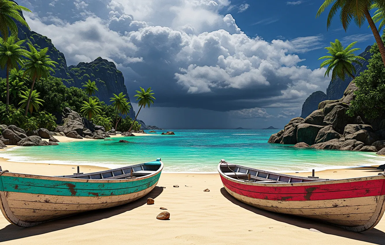 Photo wallpaper the sky, clouds, tropics, the ocean, Wallpaper, shore, boat, art