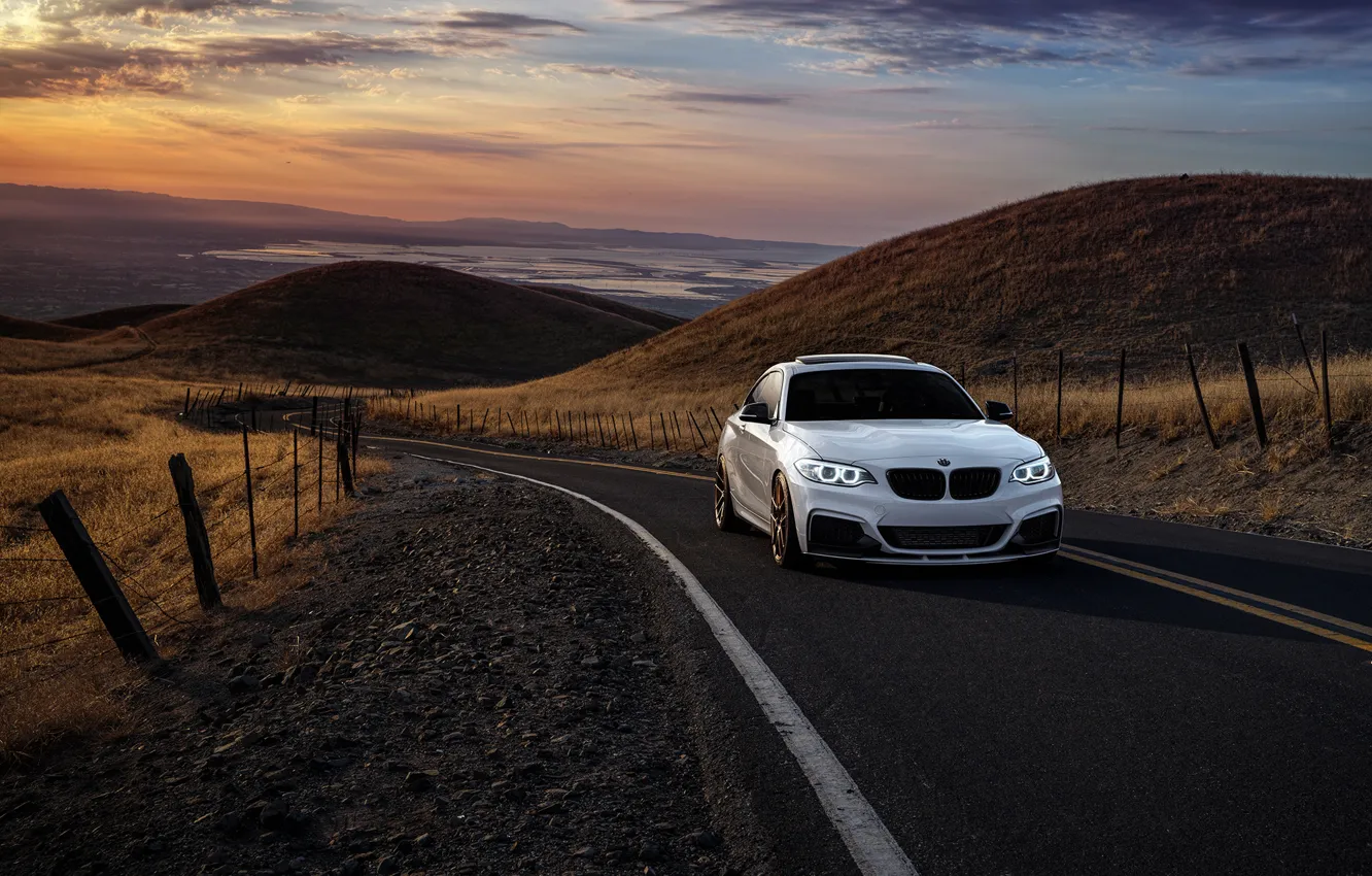 Photo wallpaper BMW, Car, Front, Sunset, Sunrise, Mountains, Wheels, Before