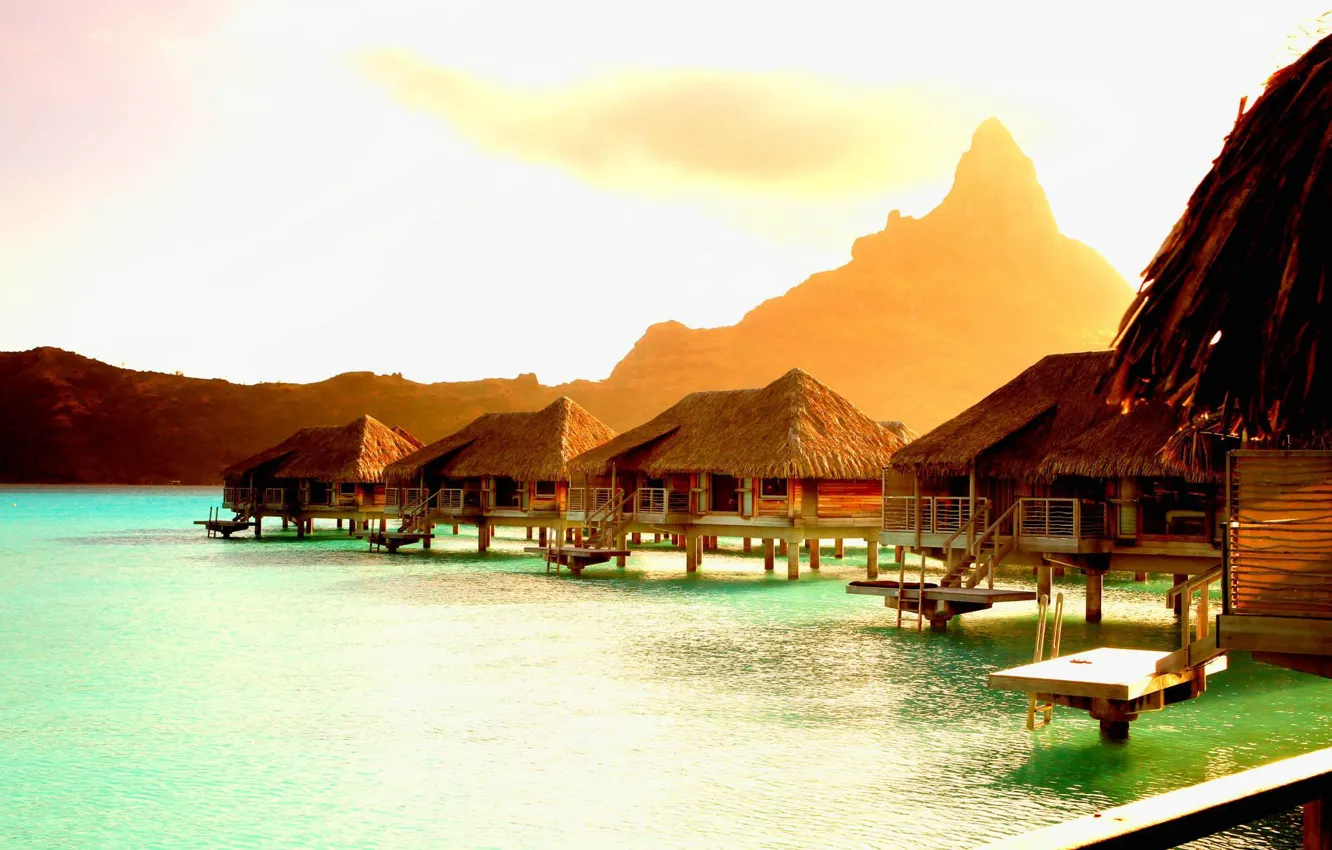 Photo wallpaper ocean, sunset, Bora-Bora, bungalows