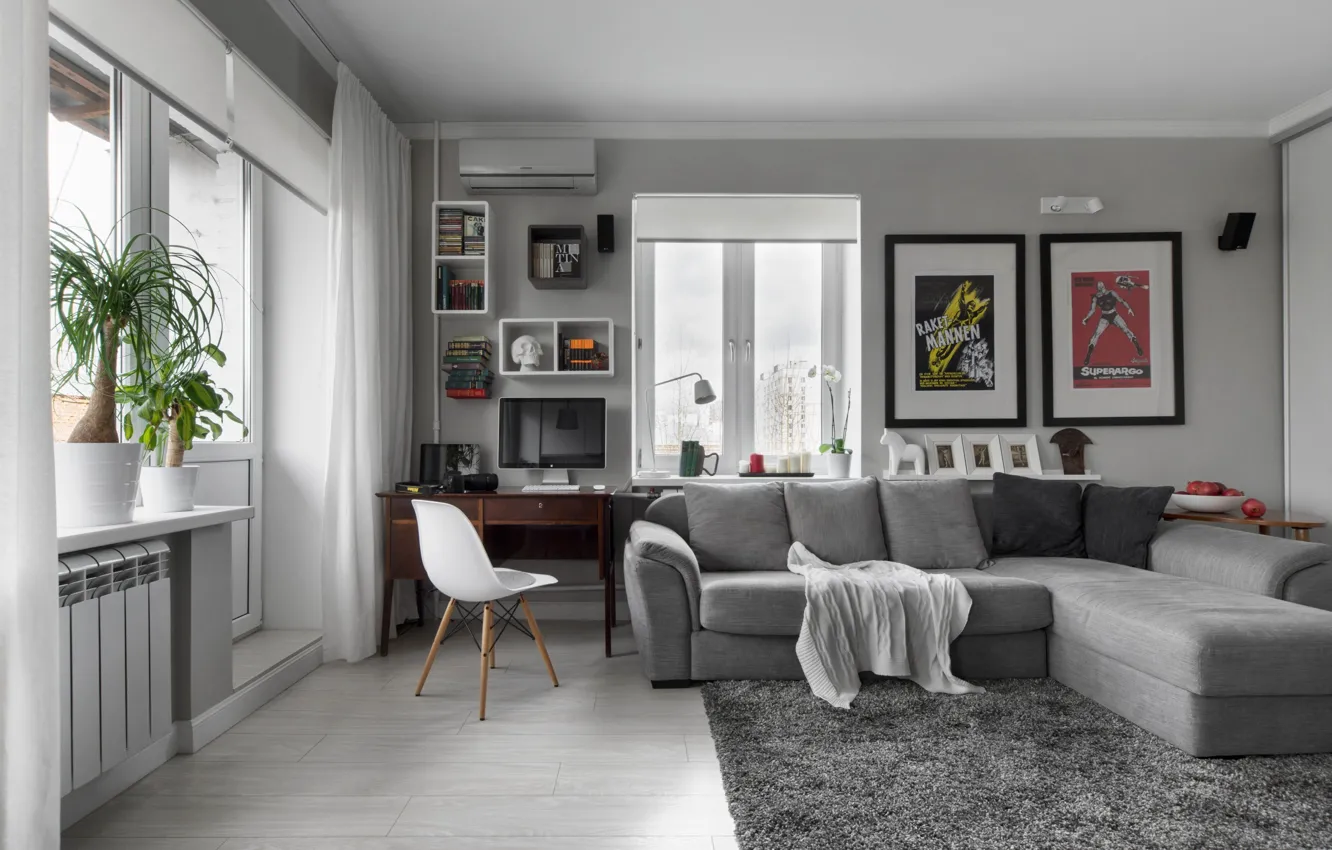 Photo wallpaper style, interior, Bachelor's Apartment, living room, Compact Bachelor Haven in Moscow, design