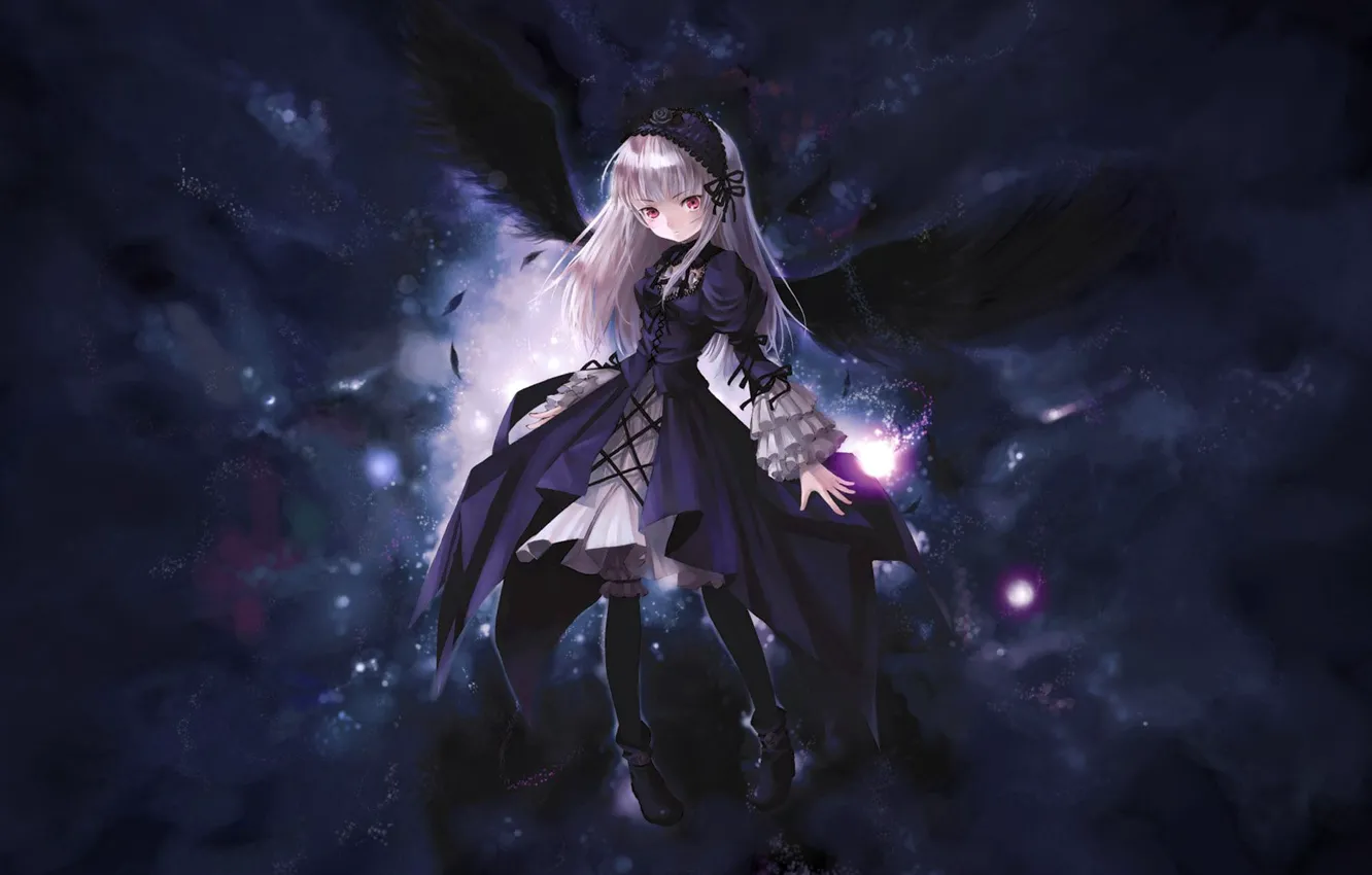 Photo wallpaper red eyes, rozen maiden, suigintou, in the dark, black wings, Rozen maiden, black magic
