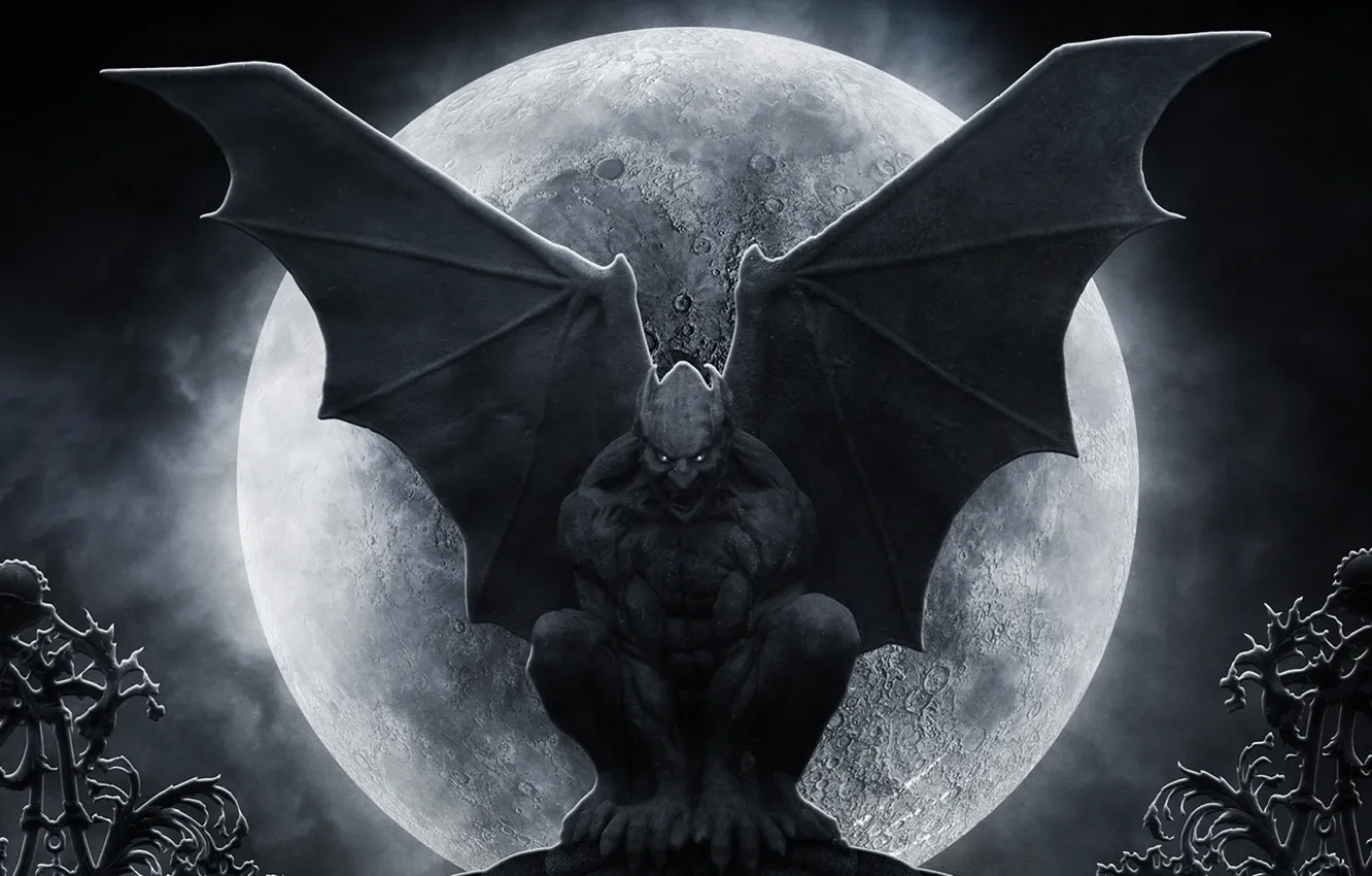 Photo wallpaper the moon, statue, gargoyle