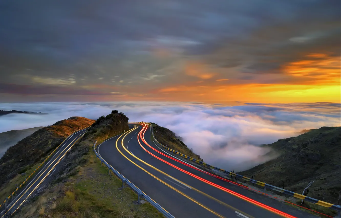 Photo wallpaper road, sunset, lights, mountain, Rush Hour, Madeira