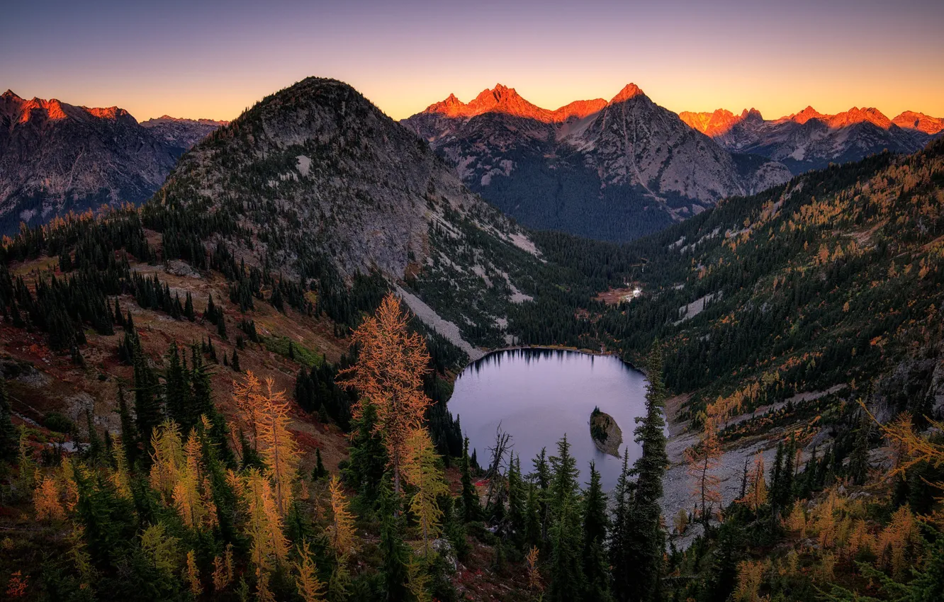 Photo wallpaper forest, mountains, lake, tops, view, slope