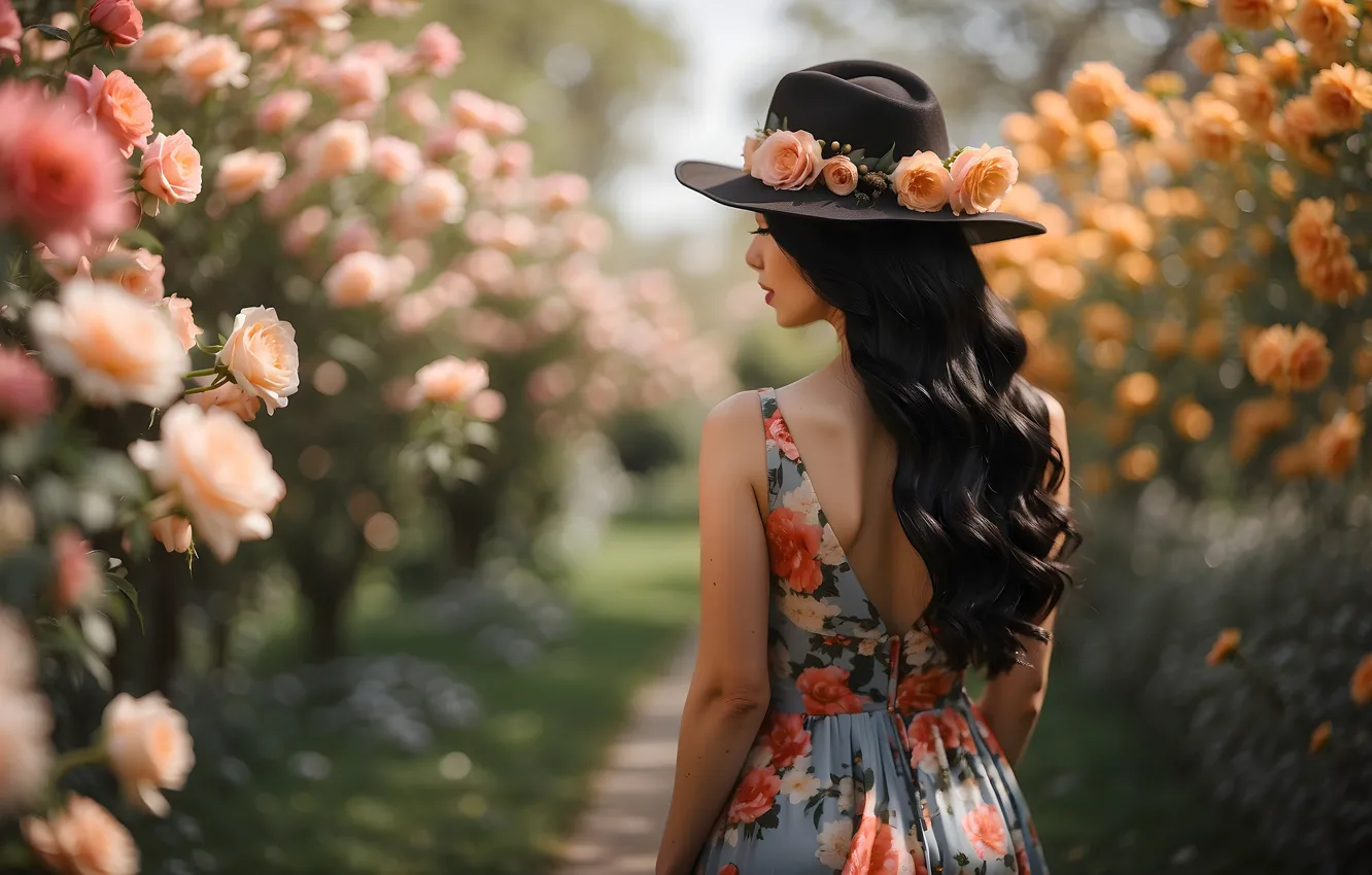 Photo wallpaper summer, girl, flowers, Park, back, roses, hat, garden