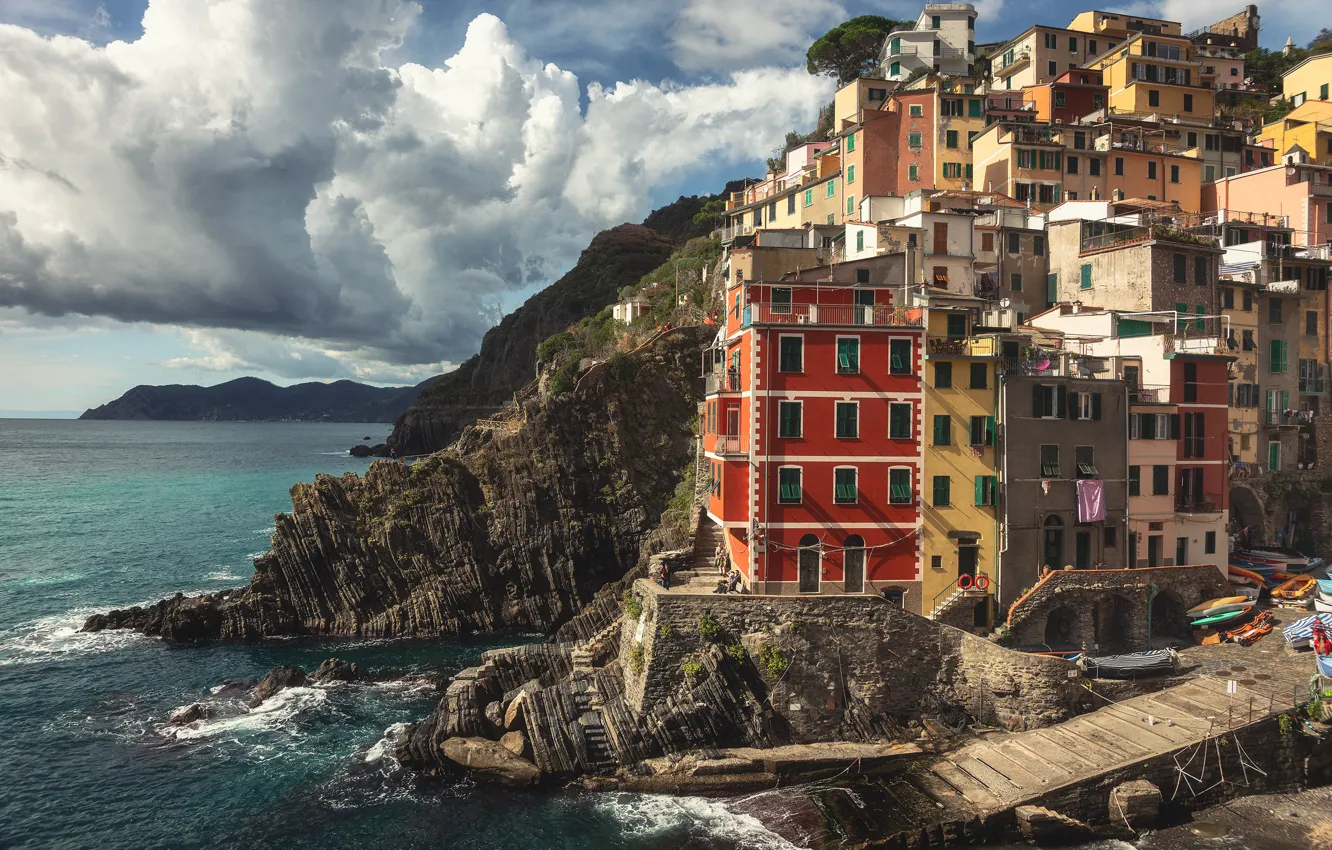 Photo wallpaper sea, clouds, landscape, rocks, home, Italy, Riomaggiore, Cinque Terre