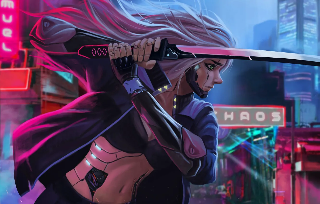 Photo wallpaper the city, style, fiction, robot, sword, katana, art, sword