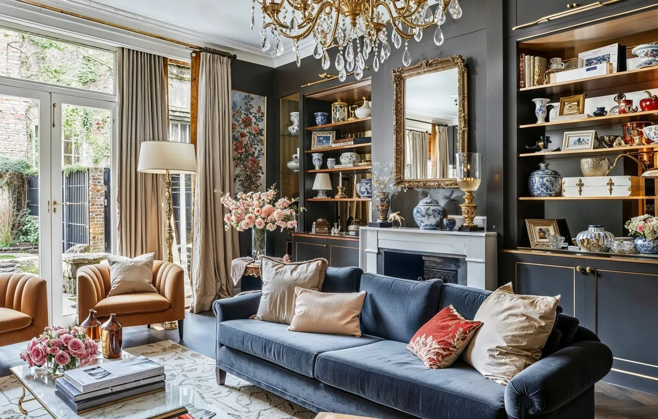 Photo wallpaper design, room, Villa, interior, fireplace, living room, English style, upholstered furniture