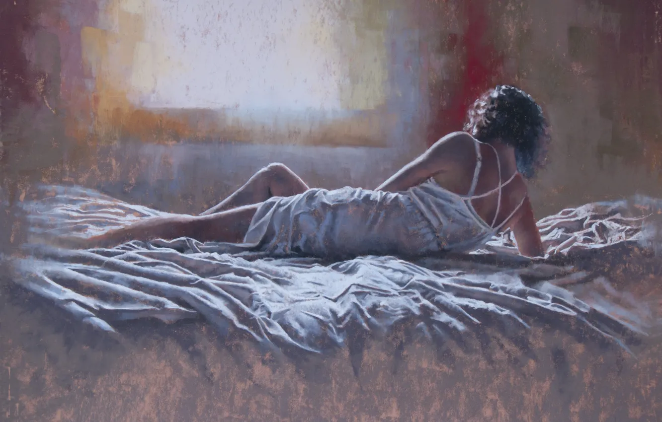 Photo wallpaper girl, room, hair, bed, hands, dress, window, painting
