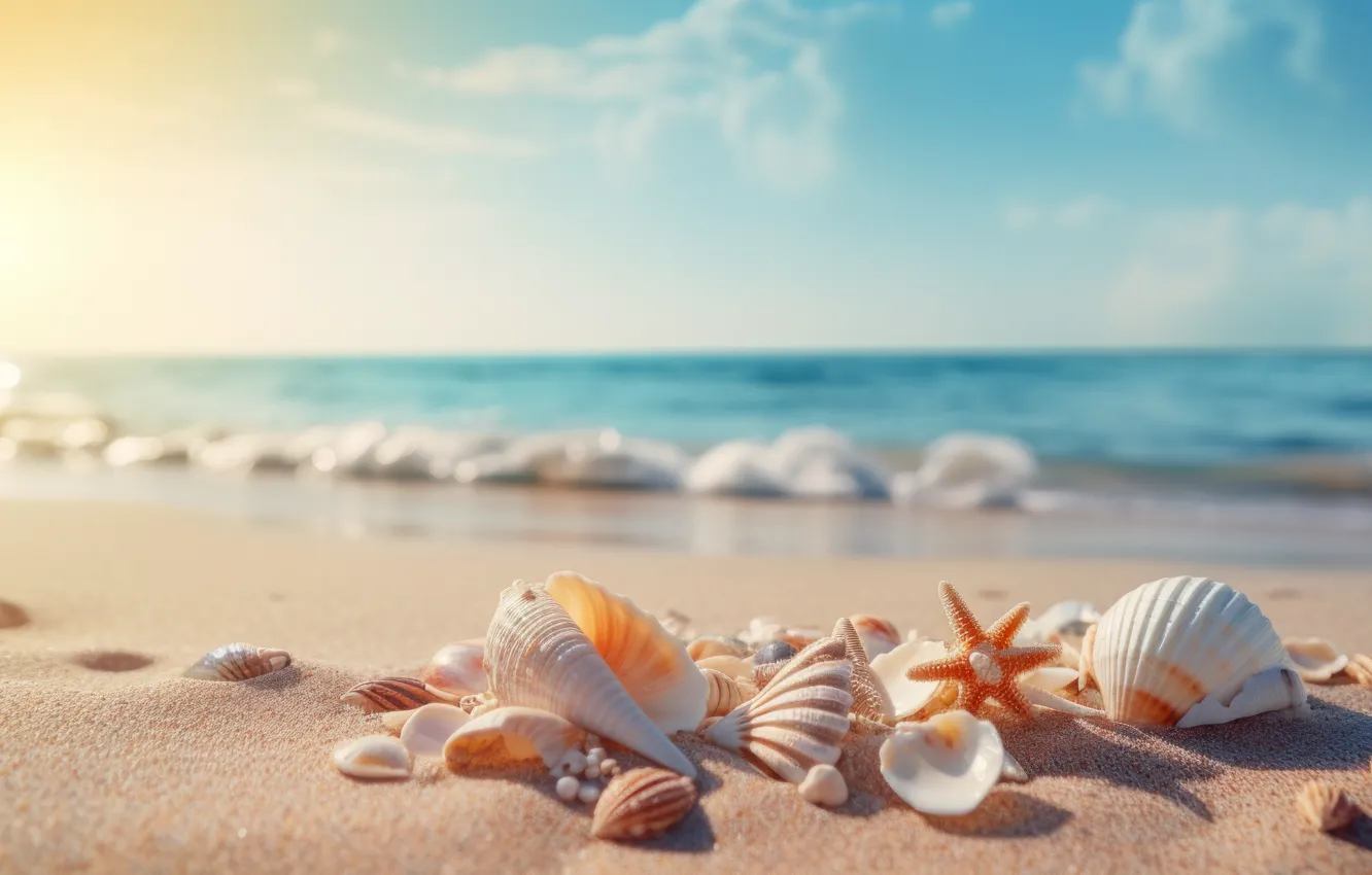 Photo wallpaper sea, beach, the ocean, shore, shell, starfish, seashells, seashell