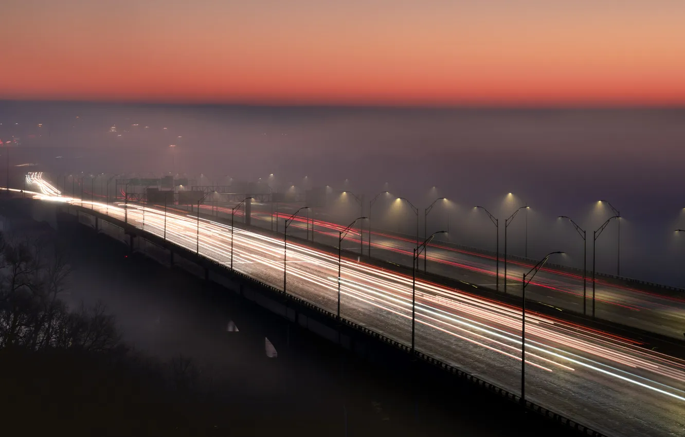 Photo wallpaper the sky, sunset, bridge, fog, the evening, horizon, lights, glow