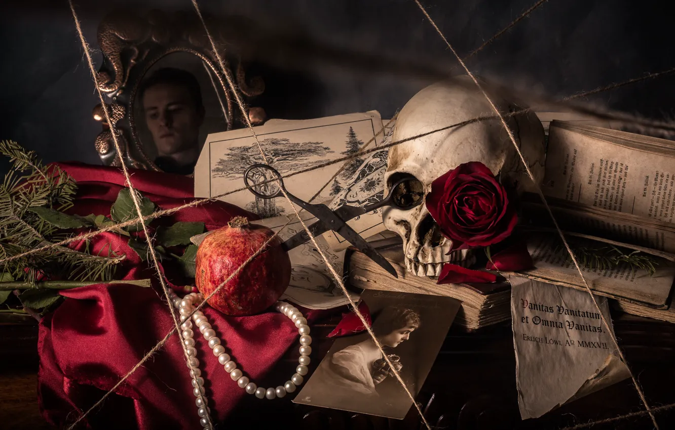 Photo wallpaper skull, portrait, necklace, rope, book, still life, scissors, garnet