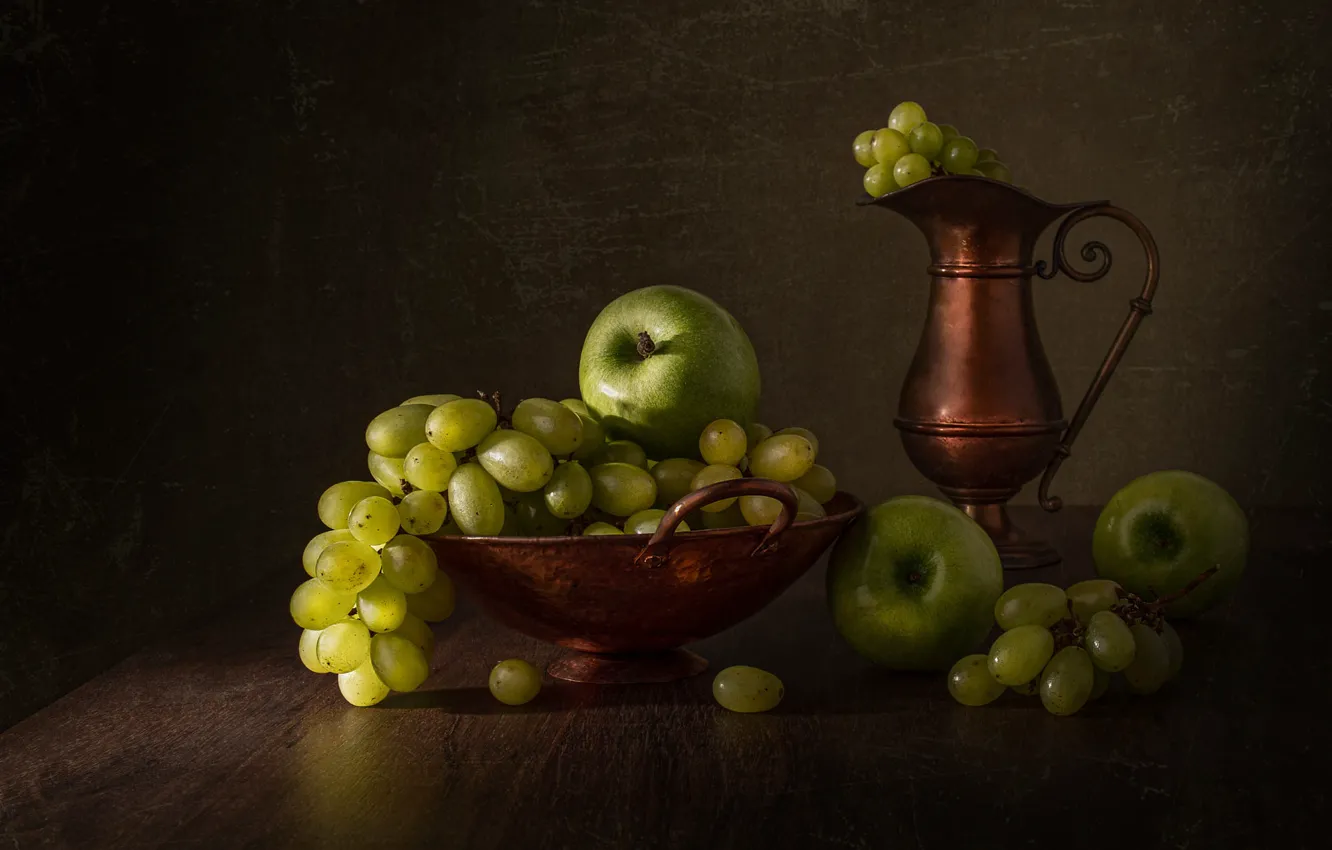 Photo wallpaper green, bowl, table, light, still life, pitcher, apples, grapes