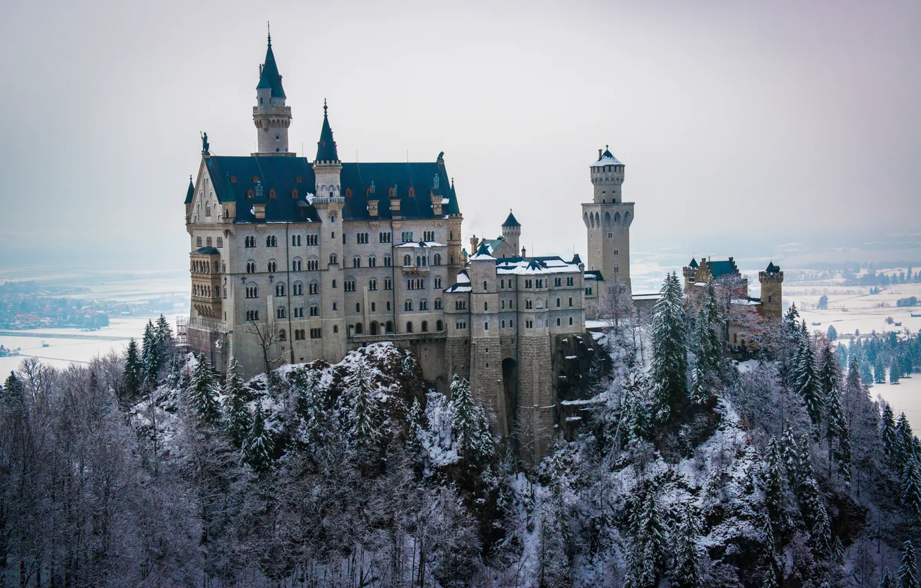 Photo wallpaper winter, forest, the sky, snow, trees, castle, tower, dal