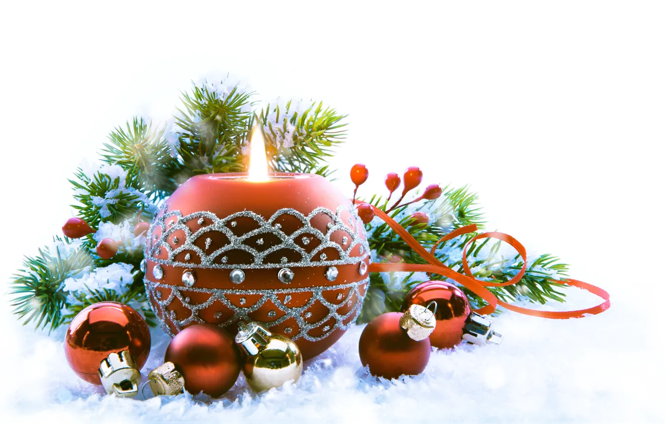Photo wallpaper snow, holiday, toys, new year, candle, spruce, the scenery, happy new year