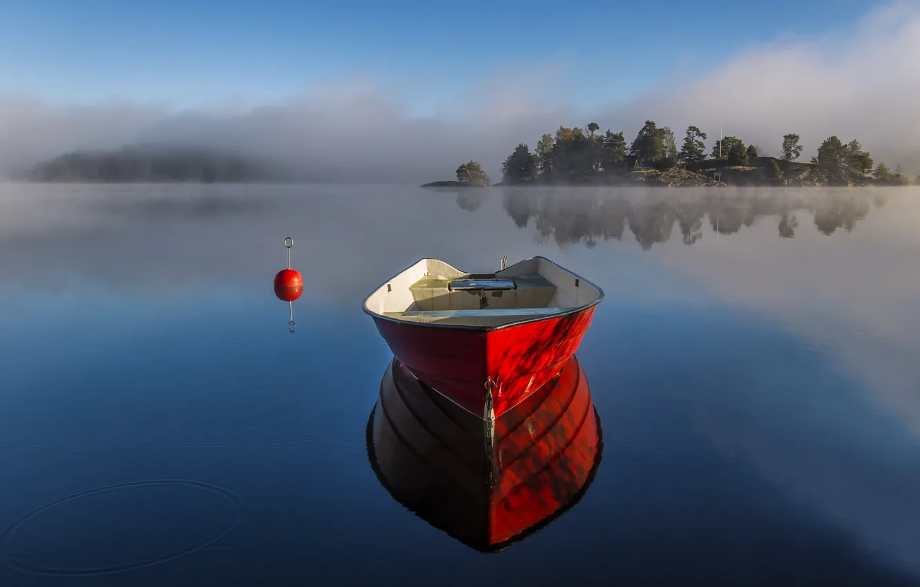 Photo wallpaper fog, lake, boat