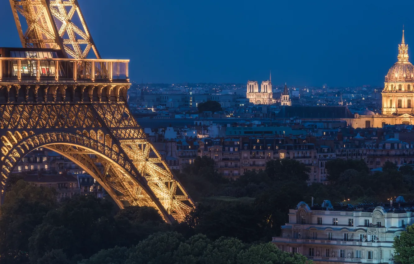 Photo wallpaper France, Paris, home, panorama, Eiffel tower, Paris, night city, Notre Dame Cathedral