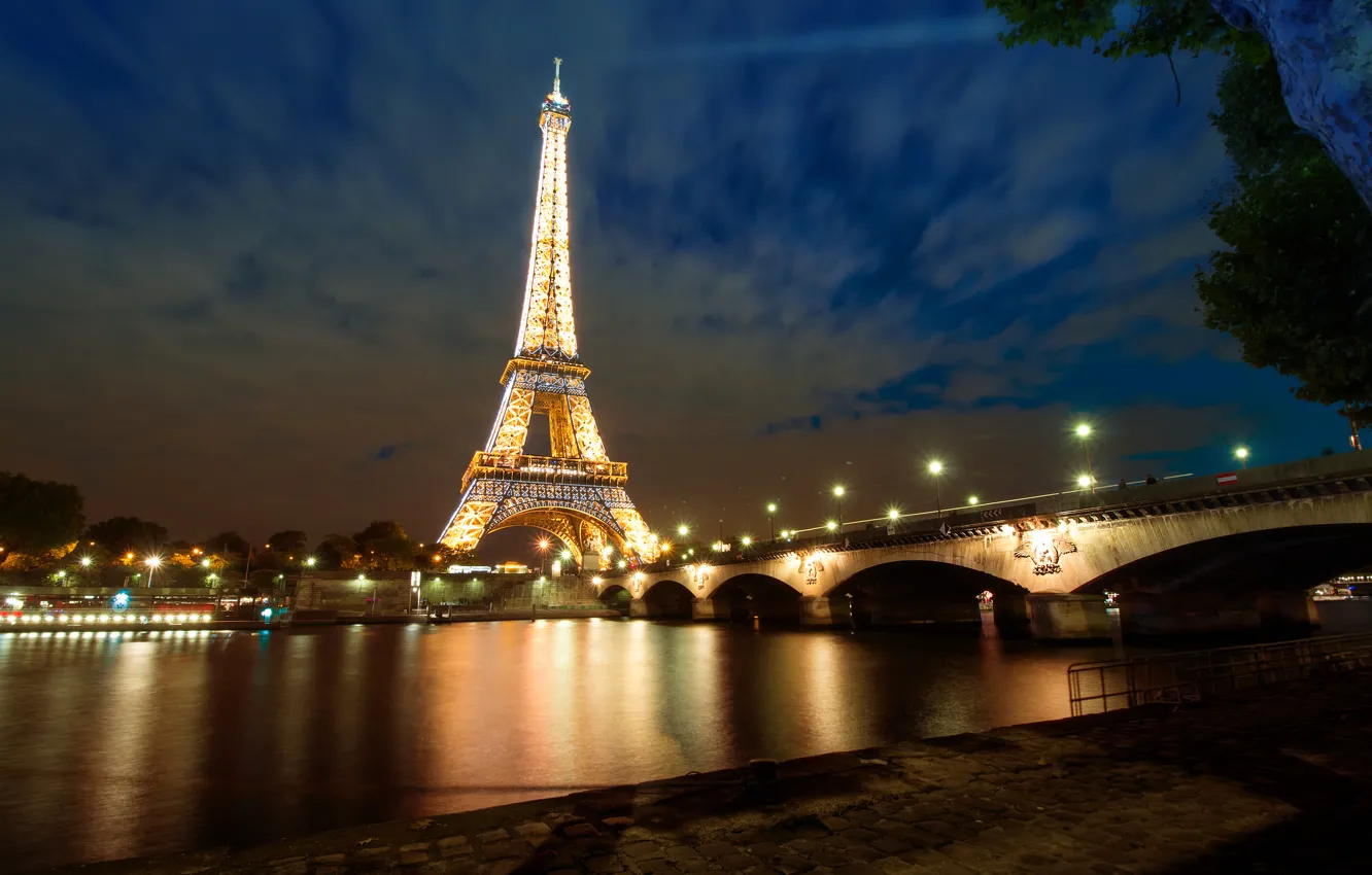 Photo wallpaper night, bridge, lights, river, France, Paris, Hay, Eiffel tower