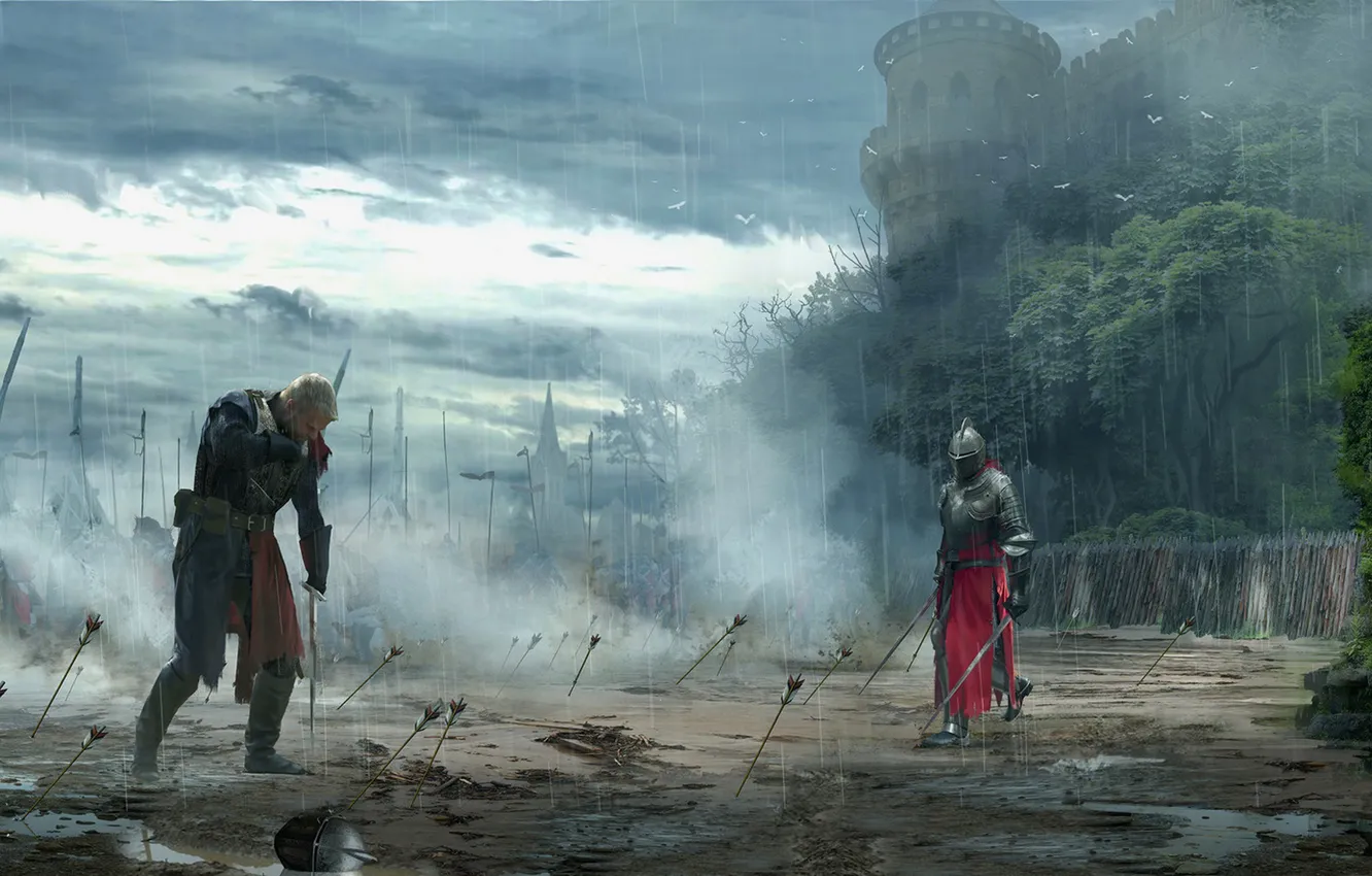 Photo wallpaper weapons, castle, armor, warrior, duel, knight, arrows