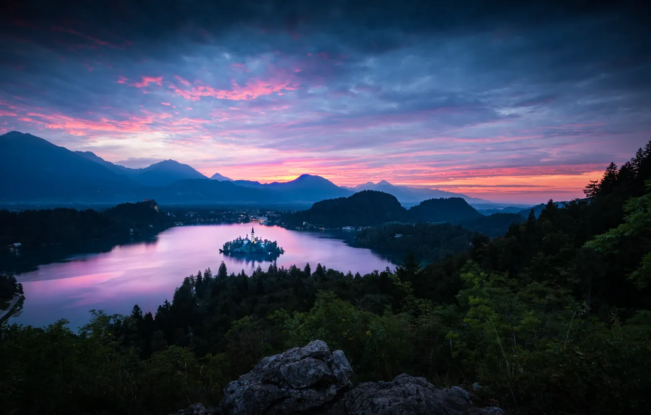 Photo wallpaper forest, landscape, mountains, nature, lake, dawn, morning, Church