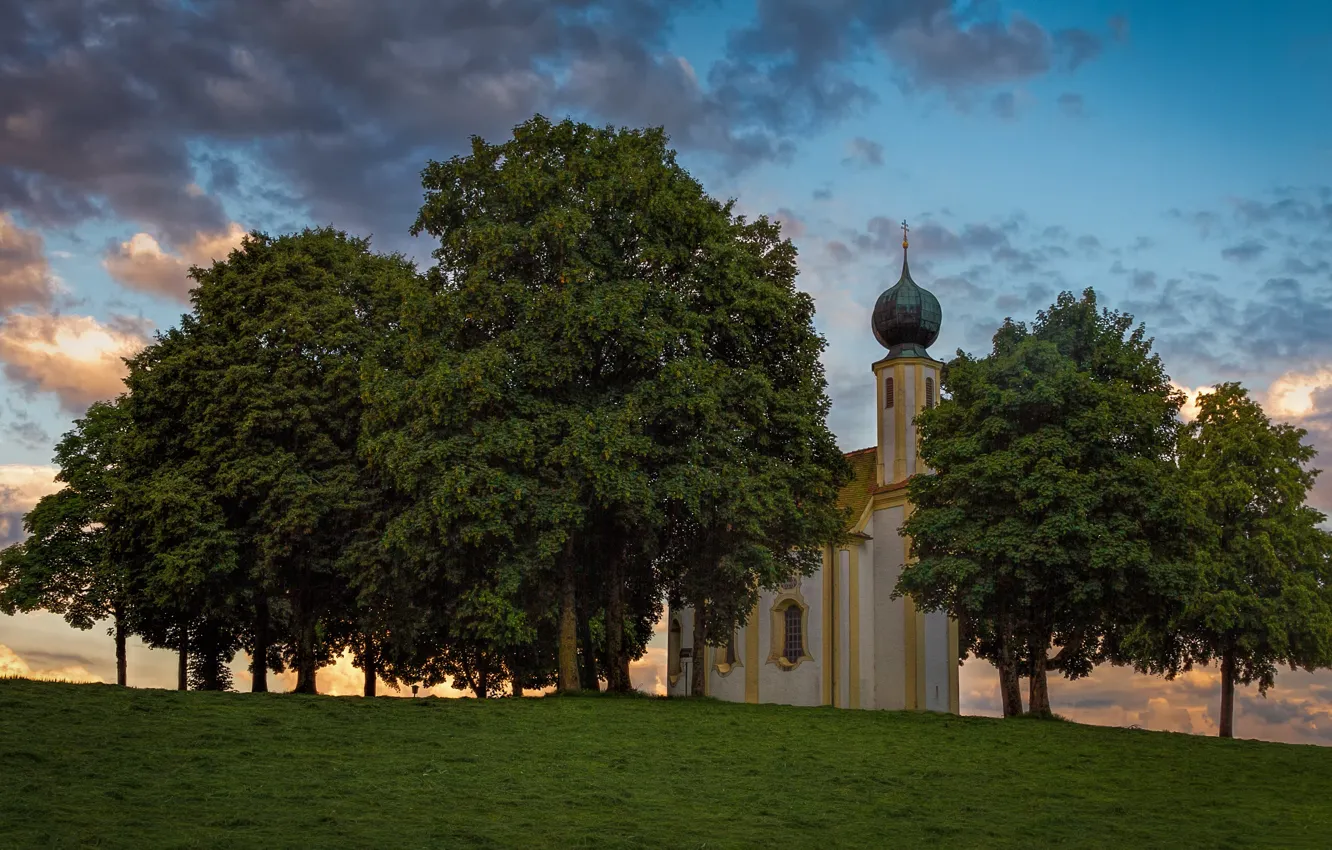 Photo wallpaper summer, the sky, clouds, trees, glade, Church, crown