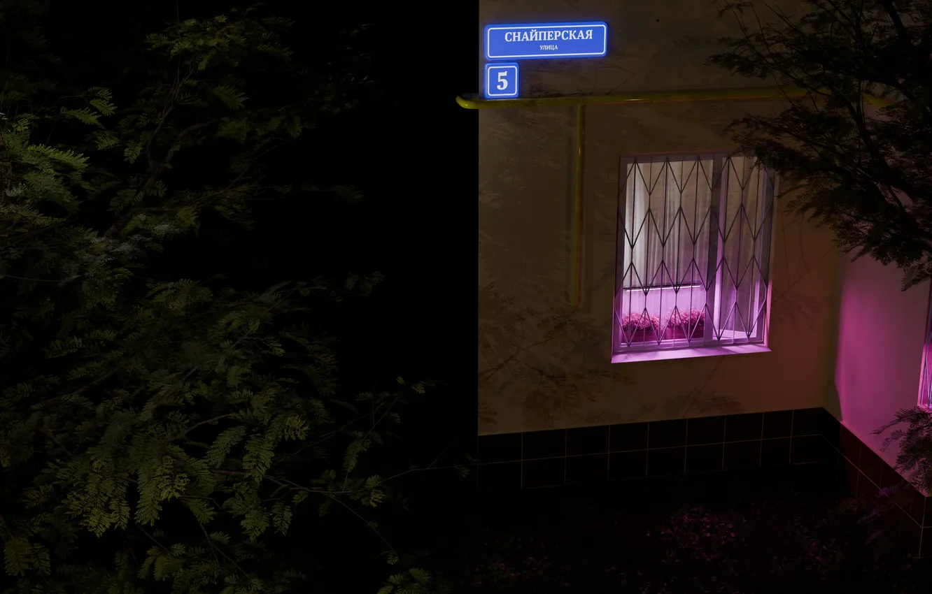 Photo wallpaper render, window, floor, might, blender, purple light, 1st floor window with purple lamp