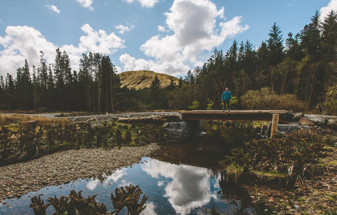 Photo wallpaper road, the sky, clouds, trees, mountains, bridge, reflection, river