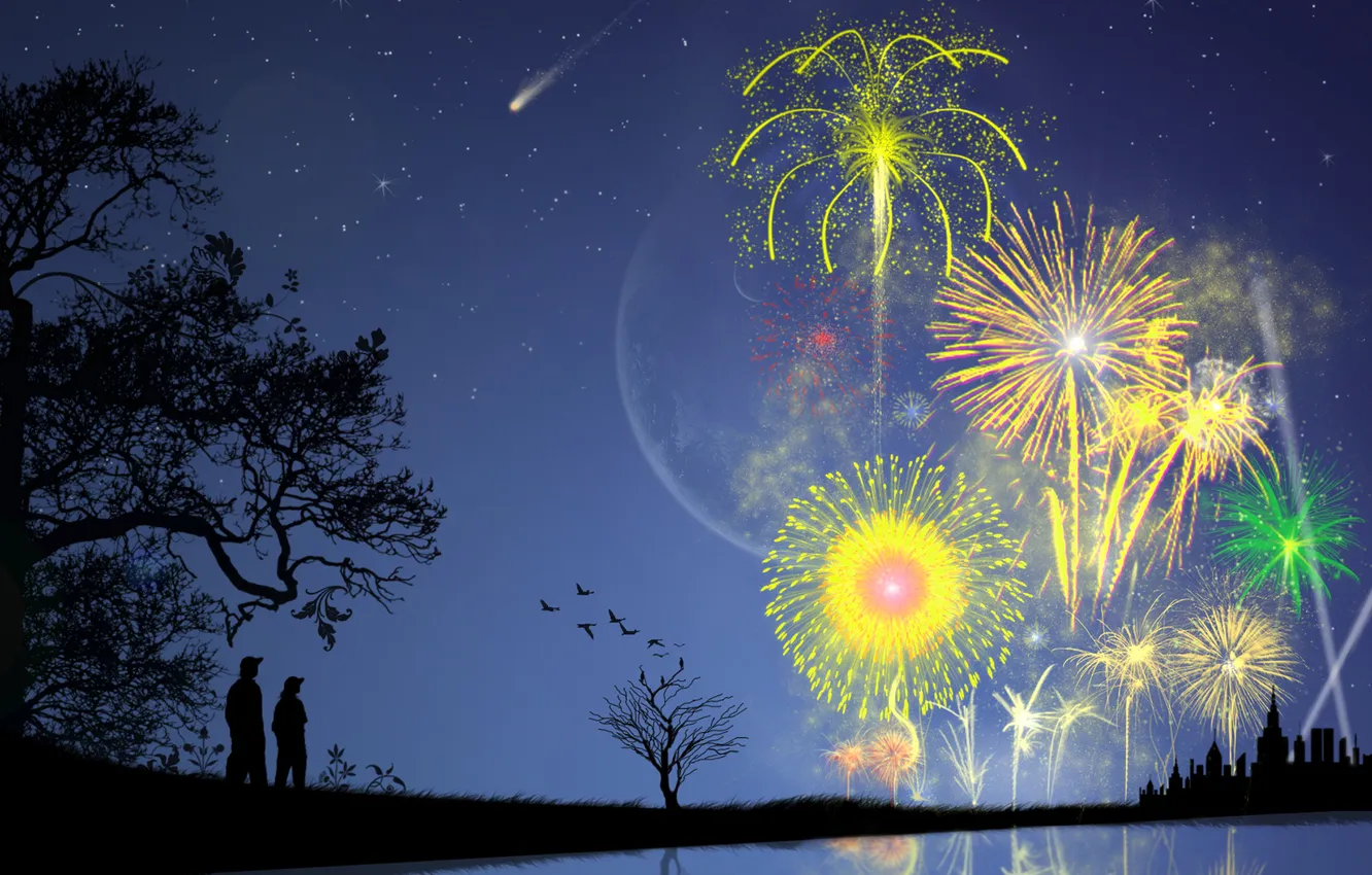 Photo wallpaper stars, trees, the city, lake, bird, the moon, people, salute