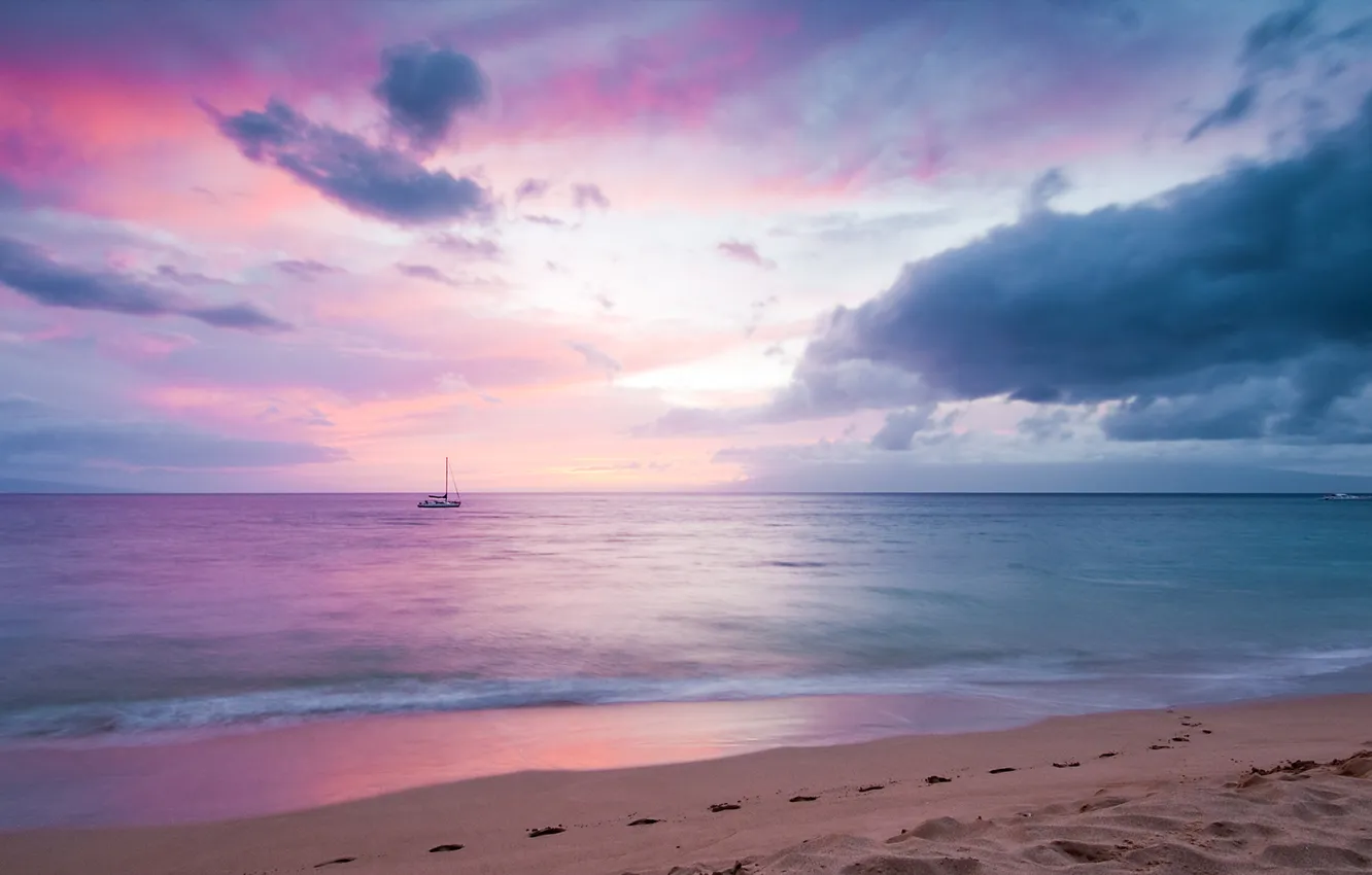 Photo wallpaper sea, the sky, clouds, sunset, traces, shore, boat, Hawaii