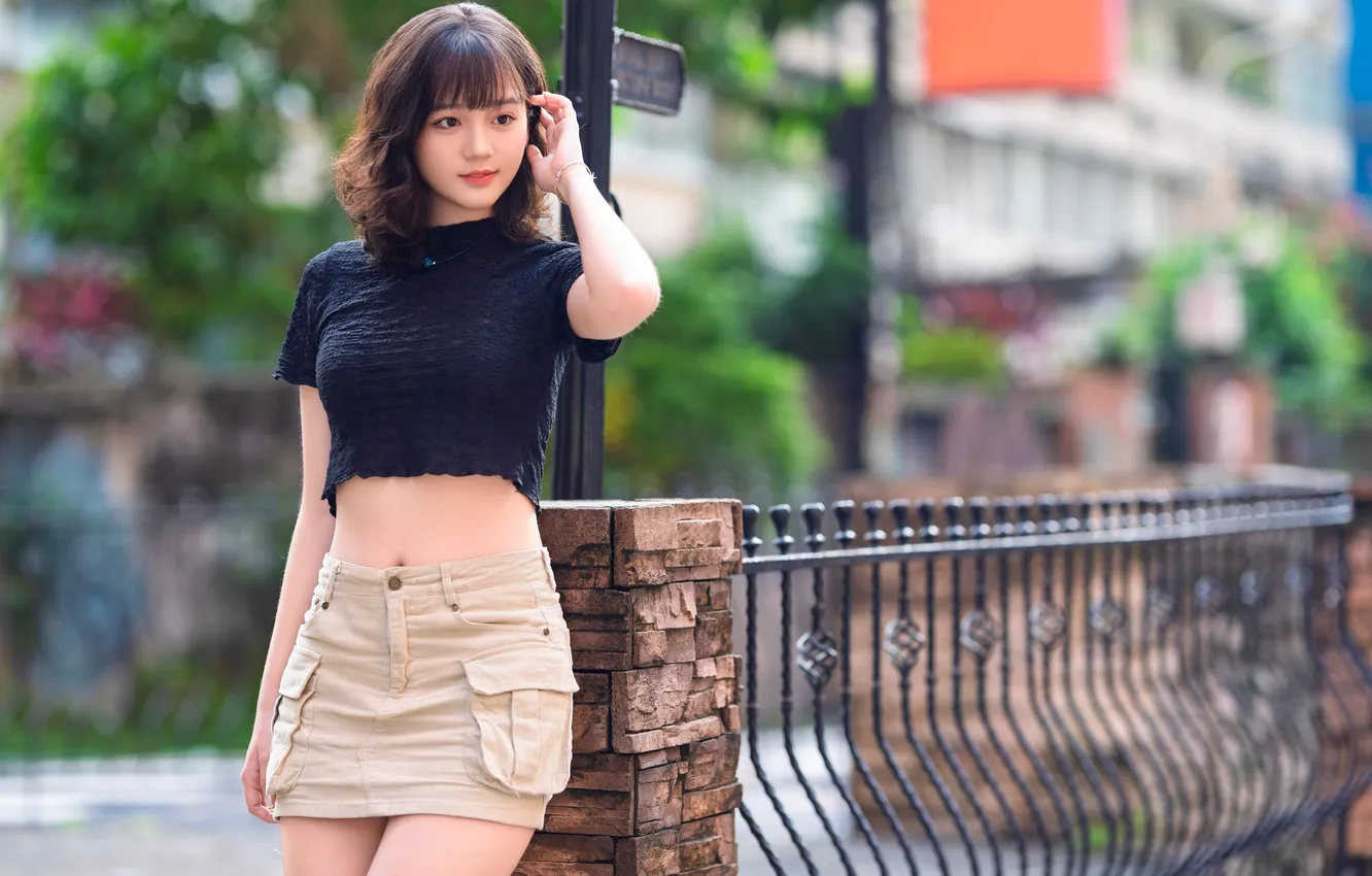 Photo wallpaper girl, pose, skirt, fence, figure, Asian