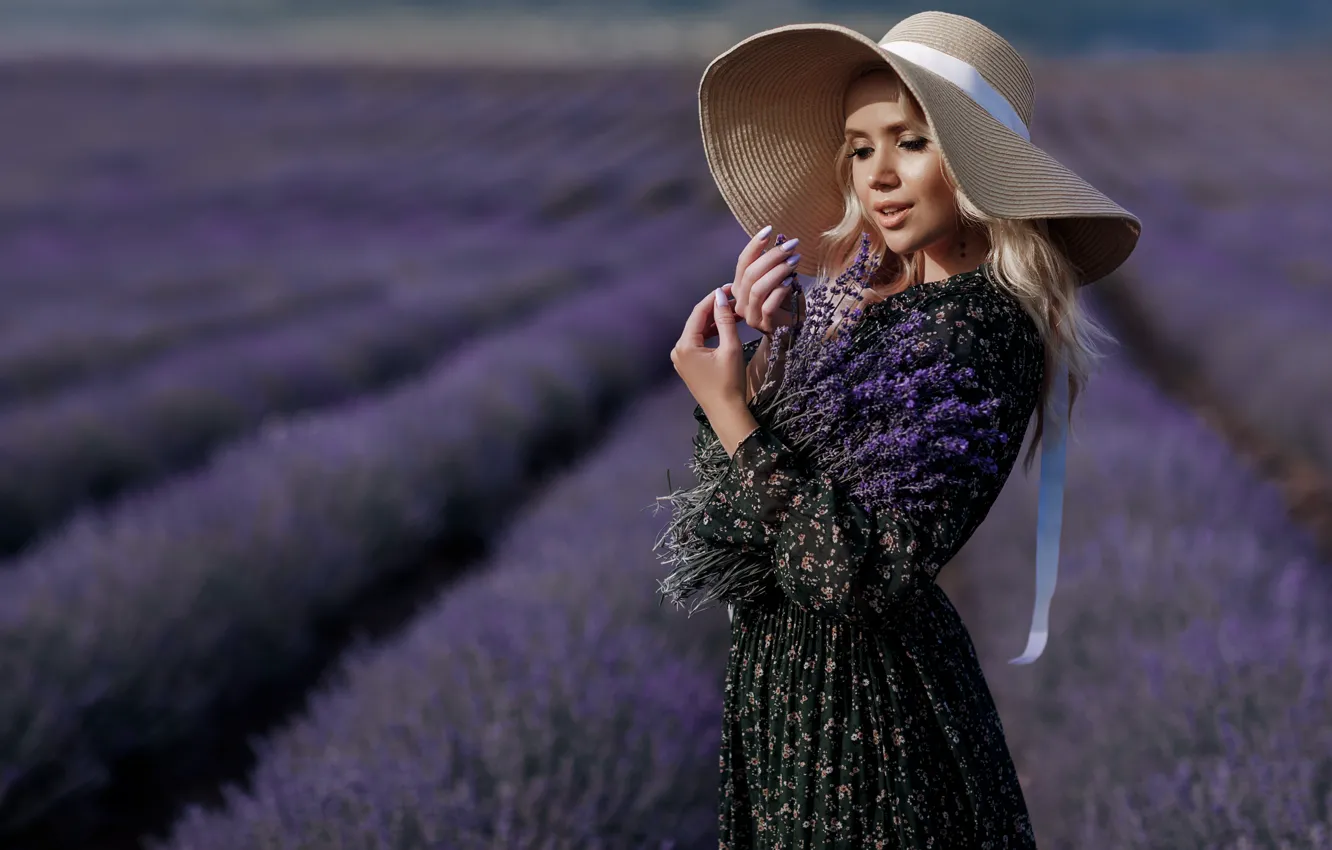 Photo wallpaper field, summer, girl, light, flowers, bouquet, hat, hands