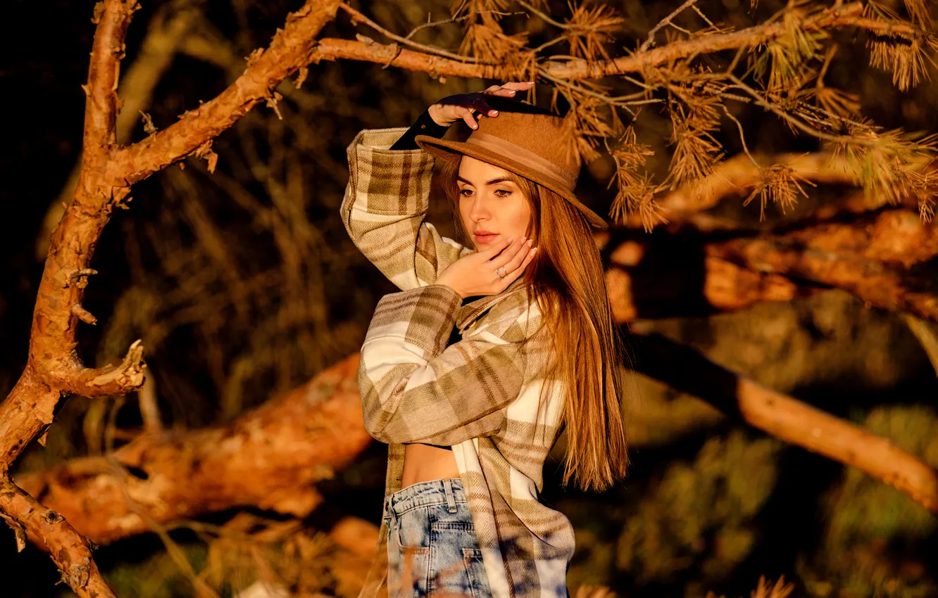 Photo wallpaper look, girl, light, trees, branches, nature, jeans, hat