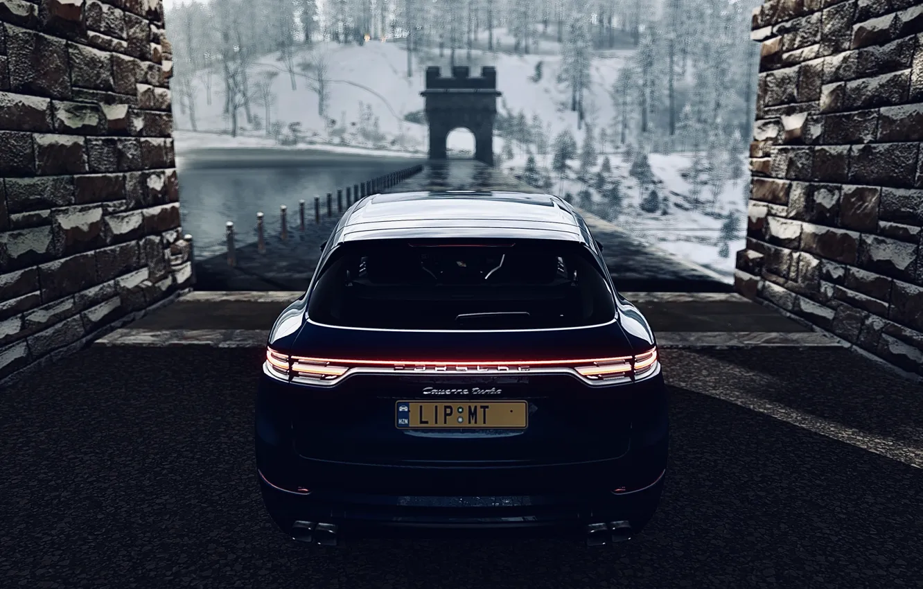 Photo wallpaper HDR, Porsche, wall, game, bridge, wood, water, winter