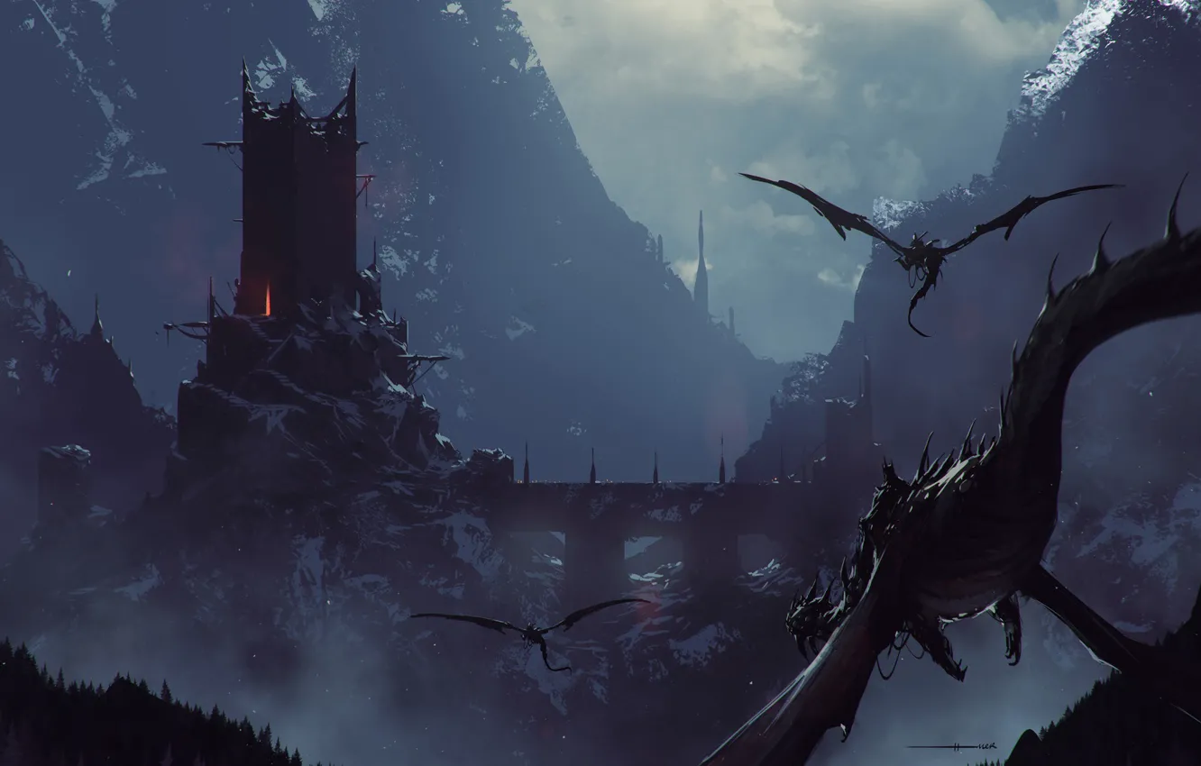 Photo wallpaper flight, mountains, night, fiction, dragon, figure, tower, monster