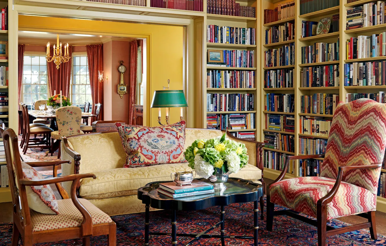 Photo wallpaper design, style, interior, library, living room, dining room, Marblehead, Victorian carpenter and macneille