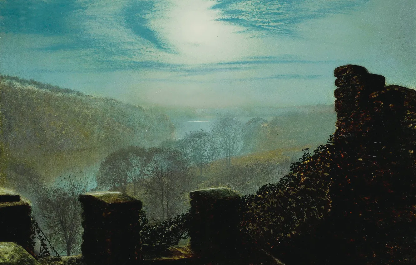 Photo wallpaper clouds, picture, John Atkinson Grimshaw, John Atkinson Grimshaw, Full Moon. Castle Park Roundhay